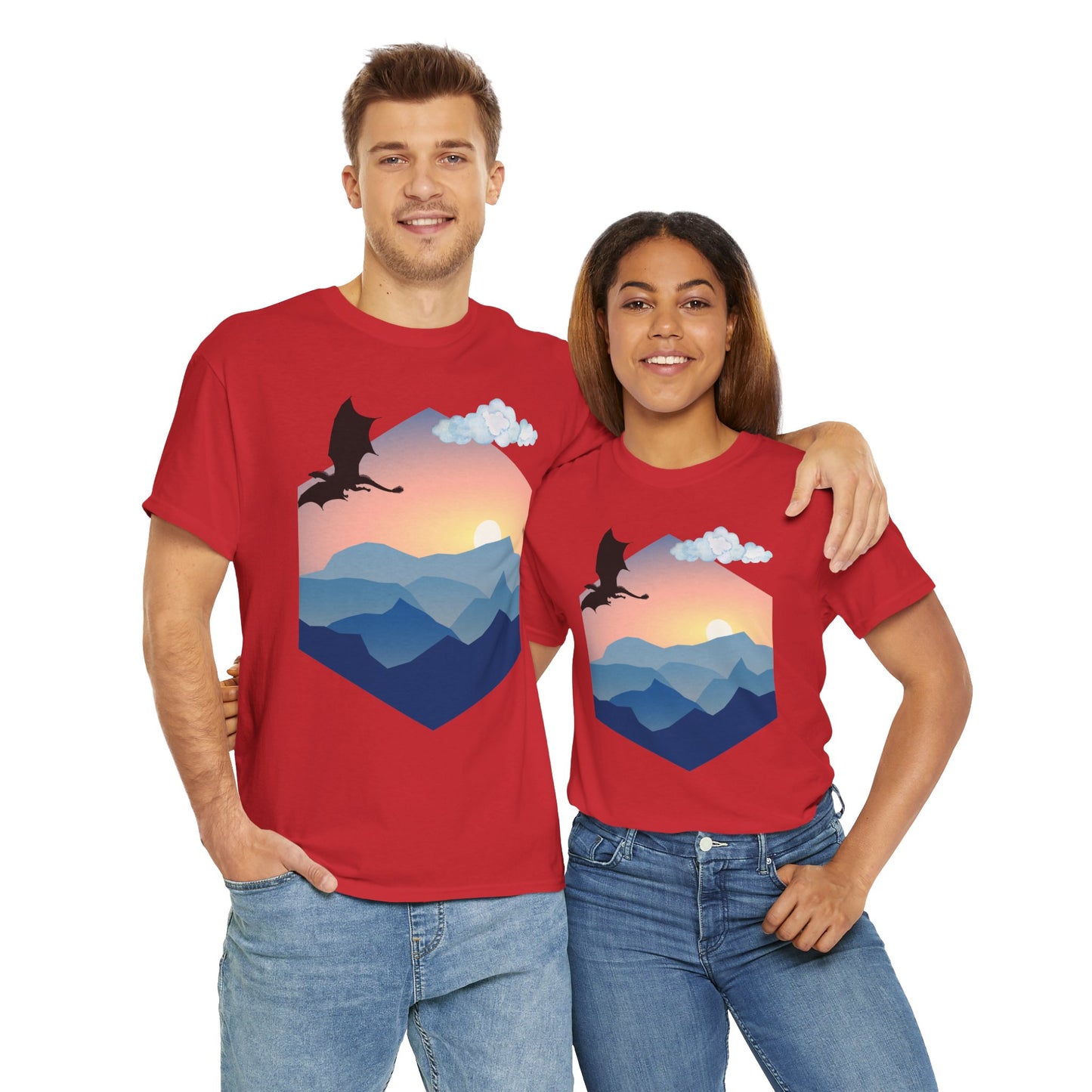 Flying Dragon Adventure Dungeons and Dragons DND Unisex Heavy Cotton Tee Shirt - Fantasy Mountain Design, RPG, TTRPG, Roleplaying, Geek, Nerd
