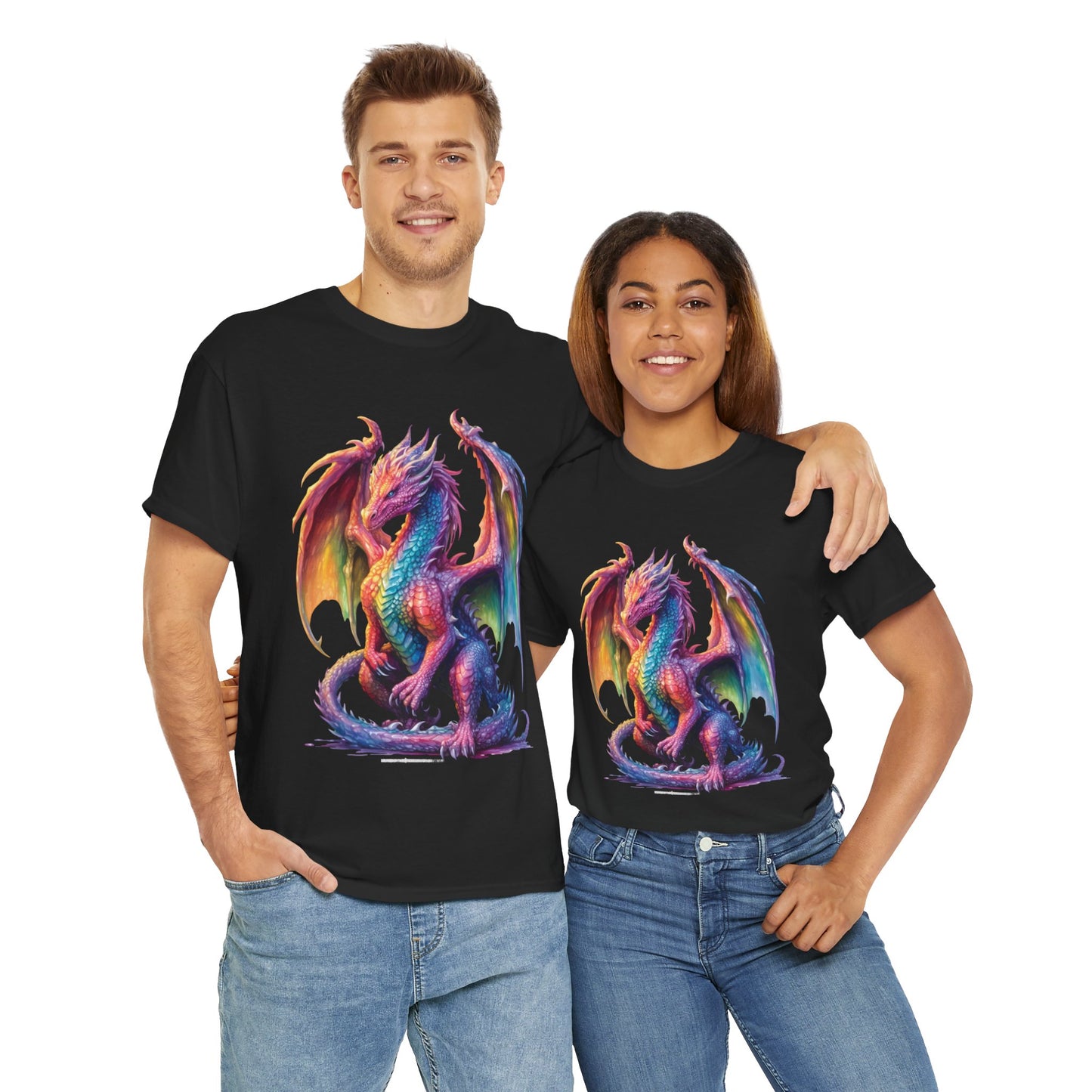 Colorful Rainbow Dragon Unisex Heavy Cotton Tee - Vibrant Fantasy T-Shirt, DND, RPG, TTRPG, Roleplaying, Geek, Nerd