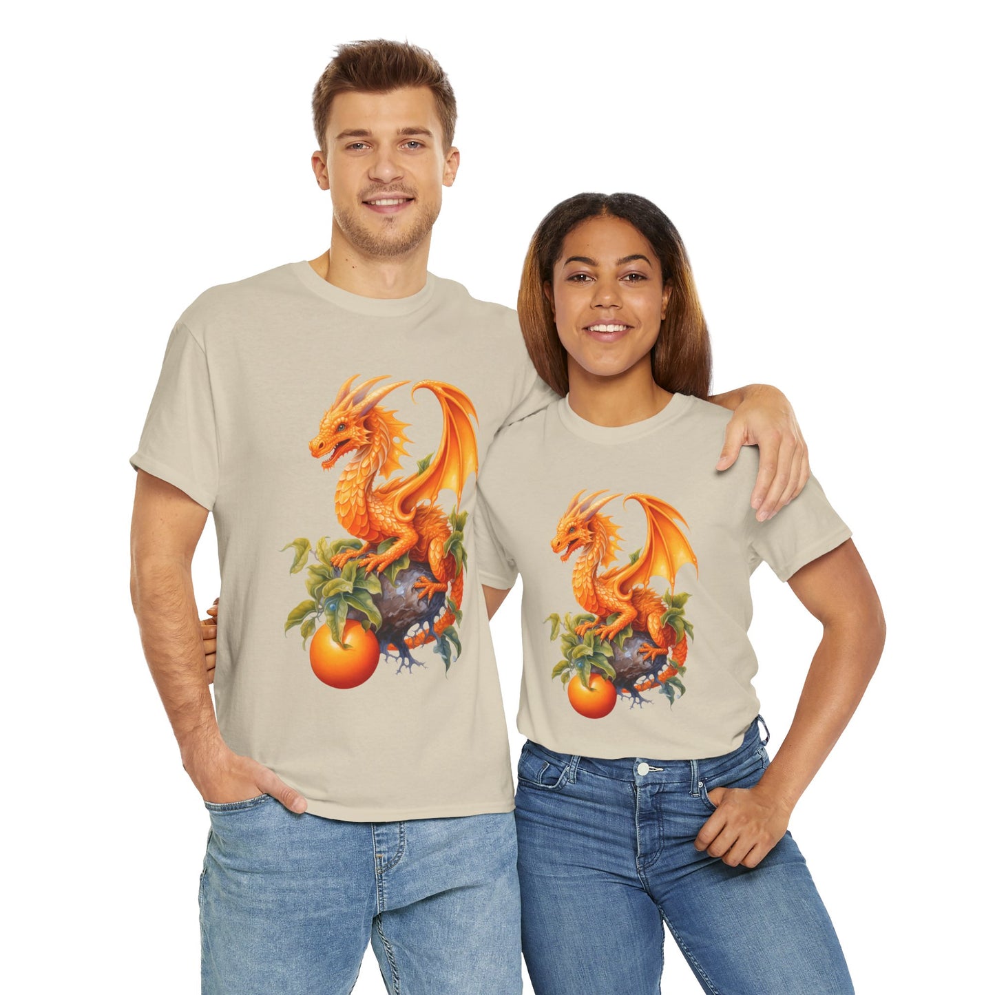 Vintage Orange Fruit Dragon Unisex Heavy Cotton Tee, Graphic T-Shirt, Gift for Dragon Lovers, Fantasy Apparel, Casual Wear, Fruit Of The Spirit, RPG, Geek, Nerd