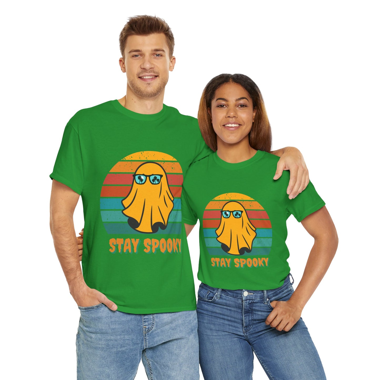 Stay Spooky Retro Holiday Unisex Heavy Cotton Tee - Vintage Ghost Halloween Shirt, Sunglasses, California, Tropical, Funny, Geek, Nerd