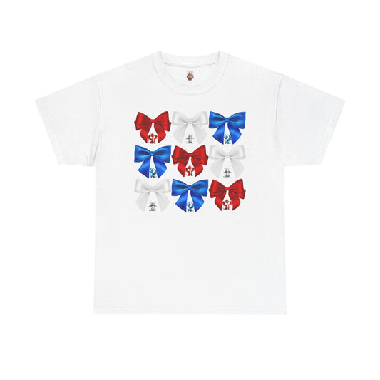 Coquette Red, White, and Blue Dragons & Bows Tee - American Flag, Perfect for Patriotic Events, Independence Day, BBQs, Family Gatherings, DND, RPG, TTRPG, Roleplaying, Geek, Nerd, 4th of July
