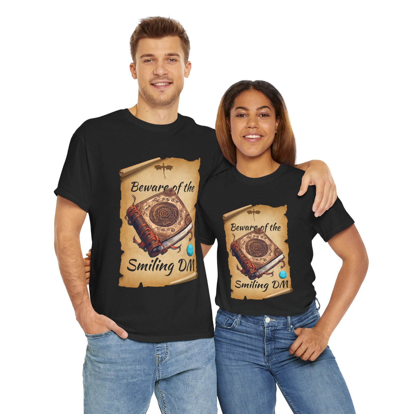 Unisex Heavy Cotton Tee - "Beware of the Smiling DM" RPG Humor Shirt, Ideal for Gamers, Casual Wear, Gifts for D&D Fans, Fun T-Shirt, D20, DND, TTRPG, Geek, Nerd