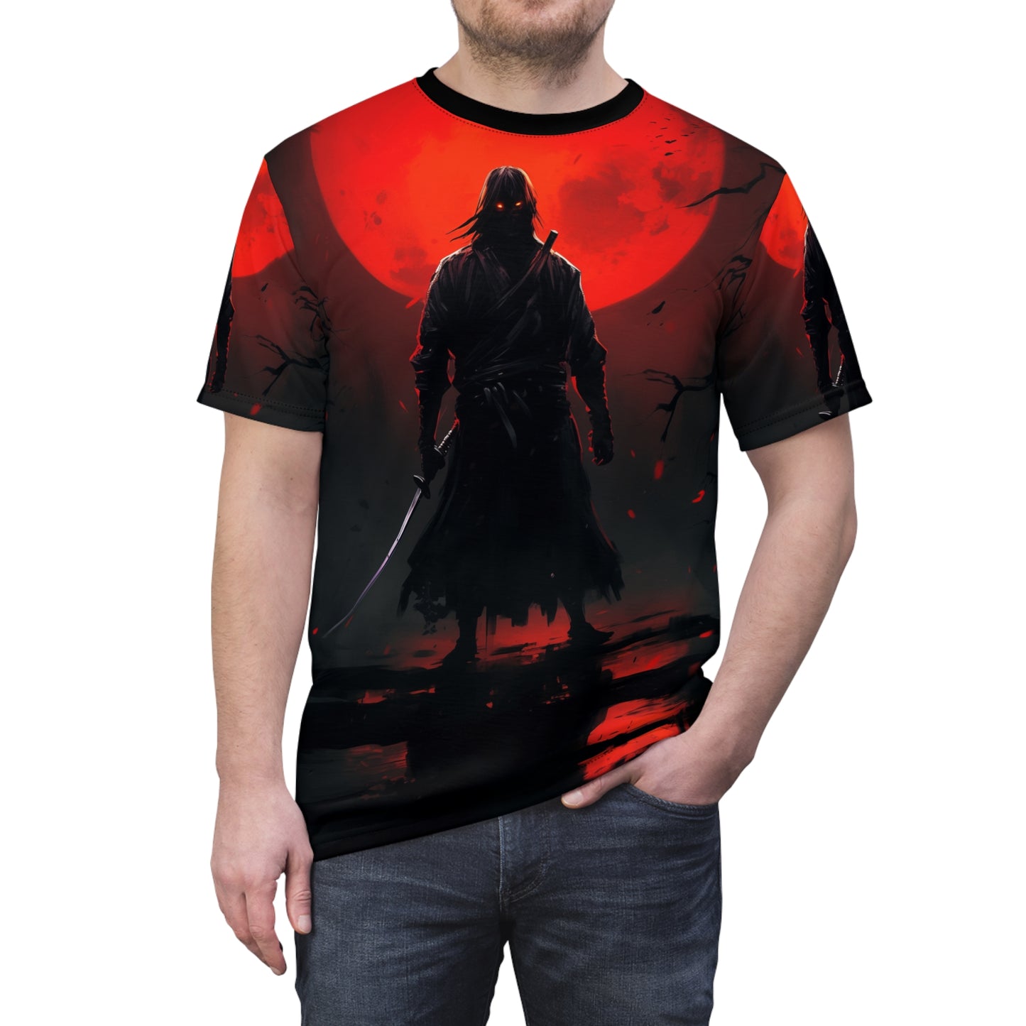 Unisex AOP Graphic Tee - The Cursed Samurai Warrior & Red Moon Design, Ronin, Katana, Japan, Anime, Weeb, Otaku, Manga, Geek, Nerd