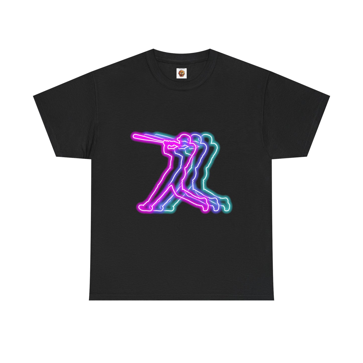 Neon Baseball Player Action Graphic Tee | Unisex Heavy Cotton Shirt, Retro Sports T-Shirt, Casual Wear, Street Style, Gift for Athletes, American, Batter Up