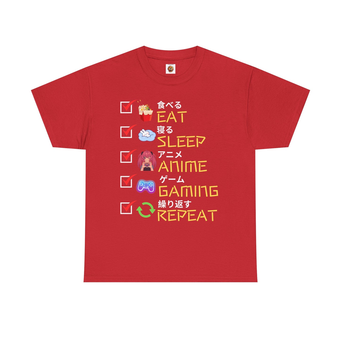 Cute Kawaii Unisex Heavy Cotton Tee Shirt T-Shirt - Eat Sleep Anime Gaming Repeat, Funny Checklist Japanese Kanji English, Geek, Nerd