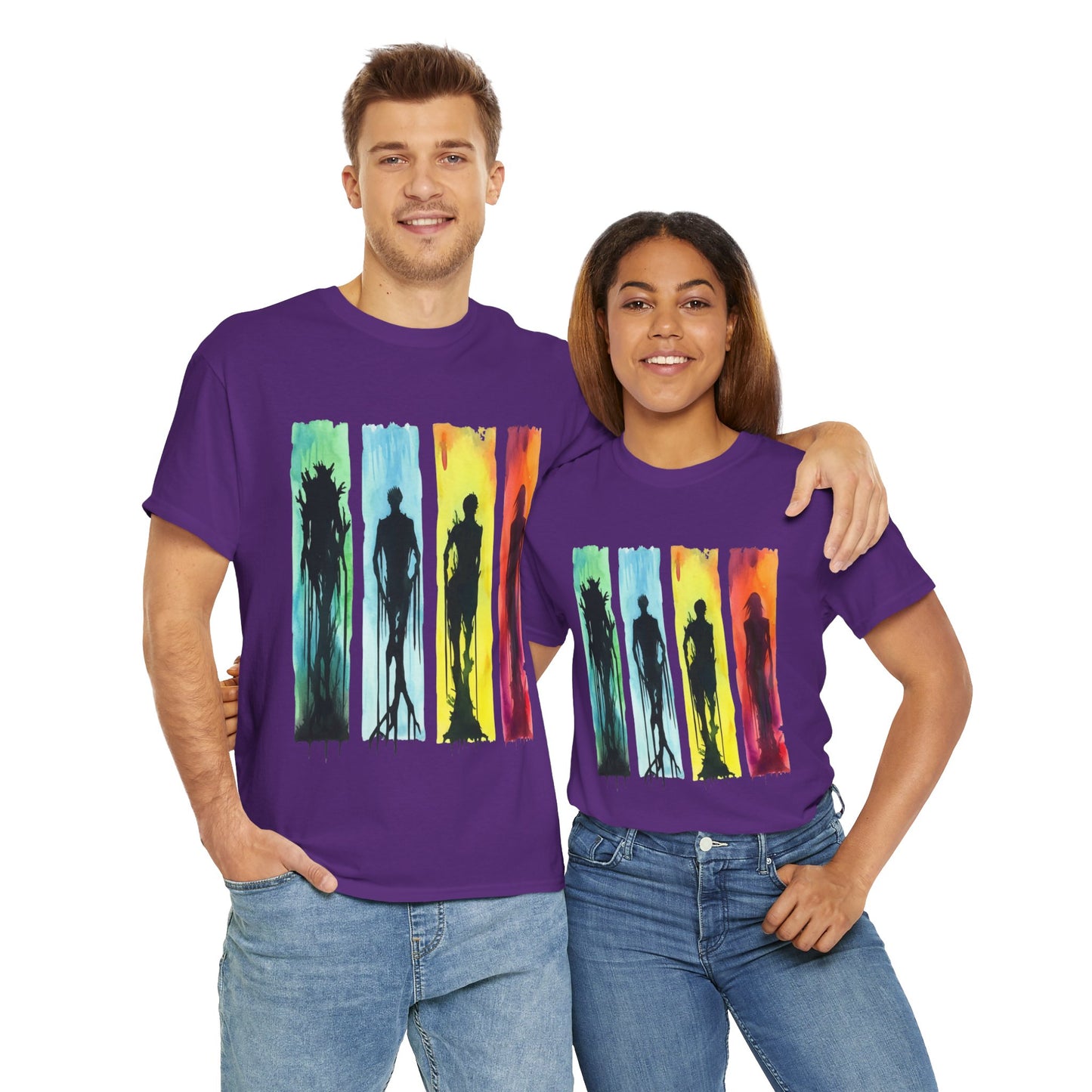Watercolor Brushstroke Horror Monsters Unisex Heavy Cotton Tee Shirt - Zombie, Scary, Halloween, T-Shirt, Colorful, Geek, Nerd