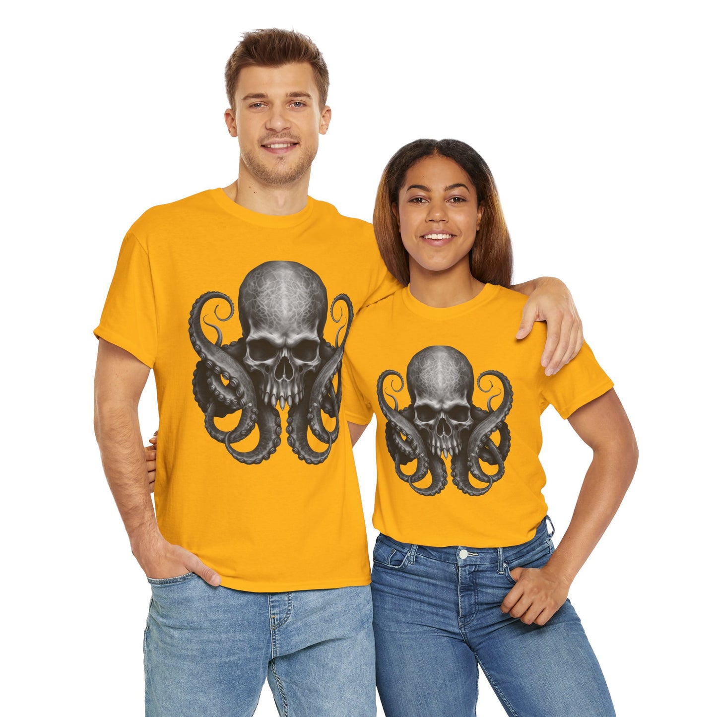 Skull & Octopus Graphic Tee | Edgy Unisex Heavy Cotton T-Shirt, Alternative Fashion, Halloween Gift, Casual Wear, Trendy Apparel, Kraken, Cthulhu, Monster