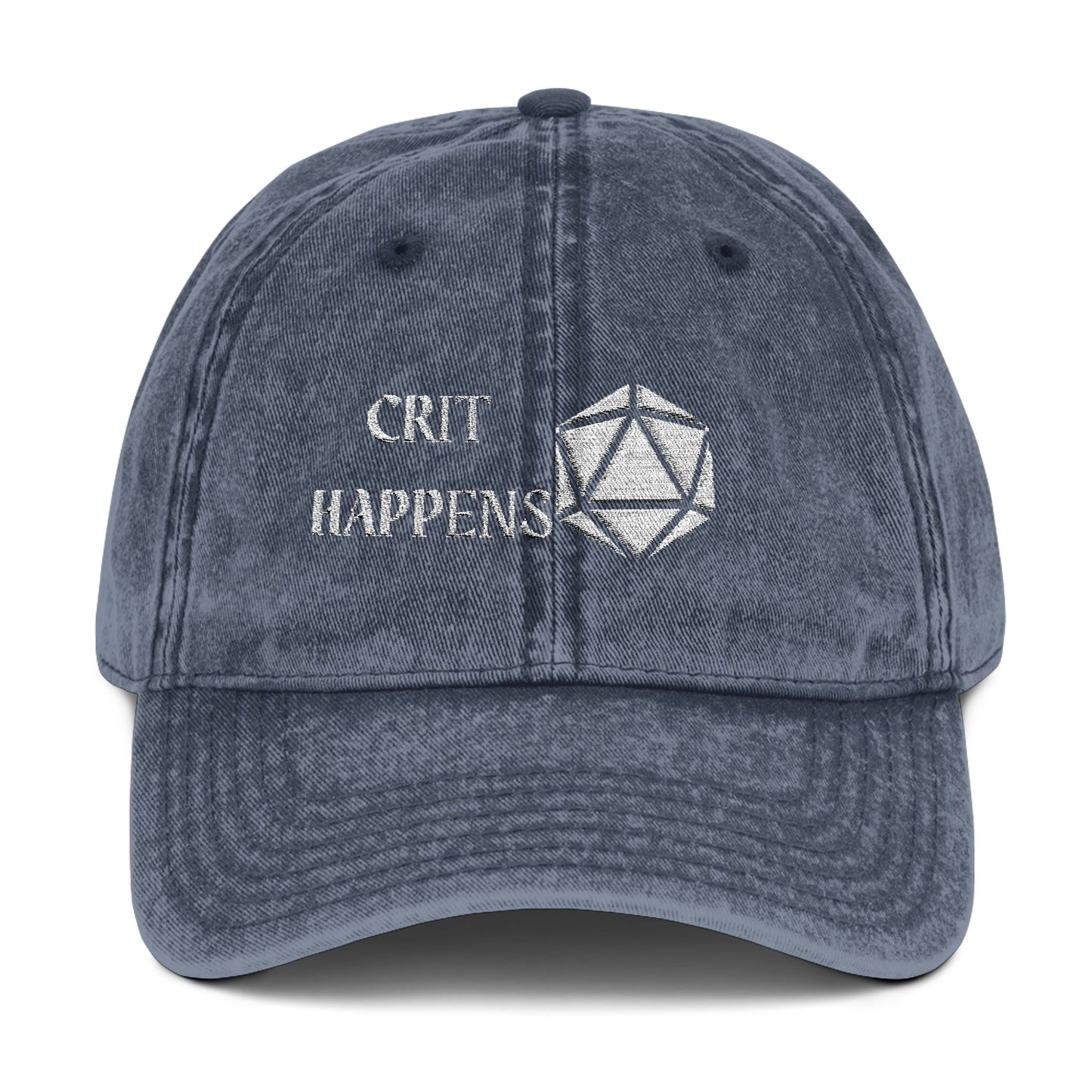 Vintage Style Cap - 'CRIT HAPPENS' D20 Embroidered Baseball Hat, DND, RPG, TTRPG, Roleplaying, Geek, Nerd