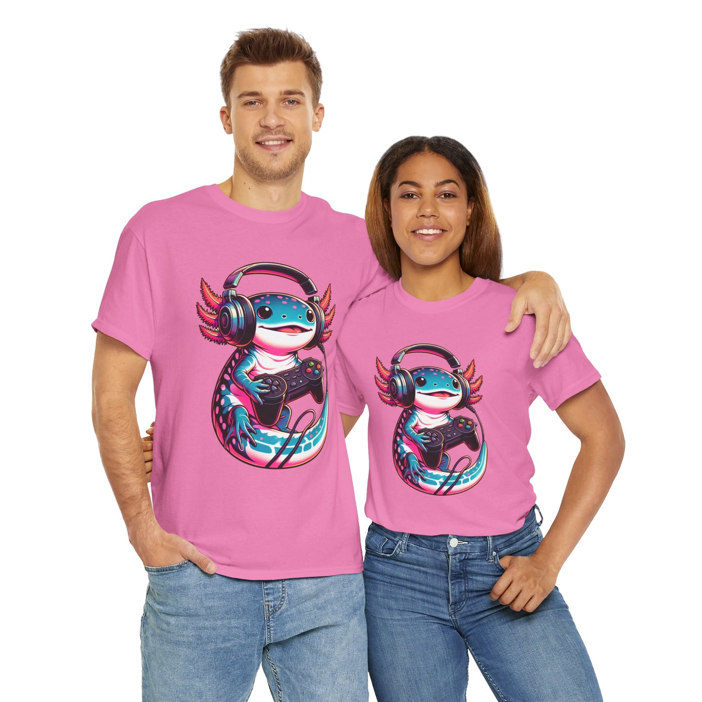 Cute Kawaii Gaming Axolotl Unisex Heavy Cotton Tee - Perfect for Gamers, Mexican Walking Fish, Smile, Video Game, Geek, Nerd, Salamander, Anime