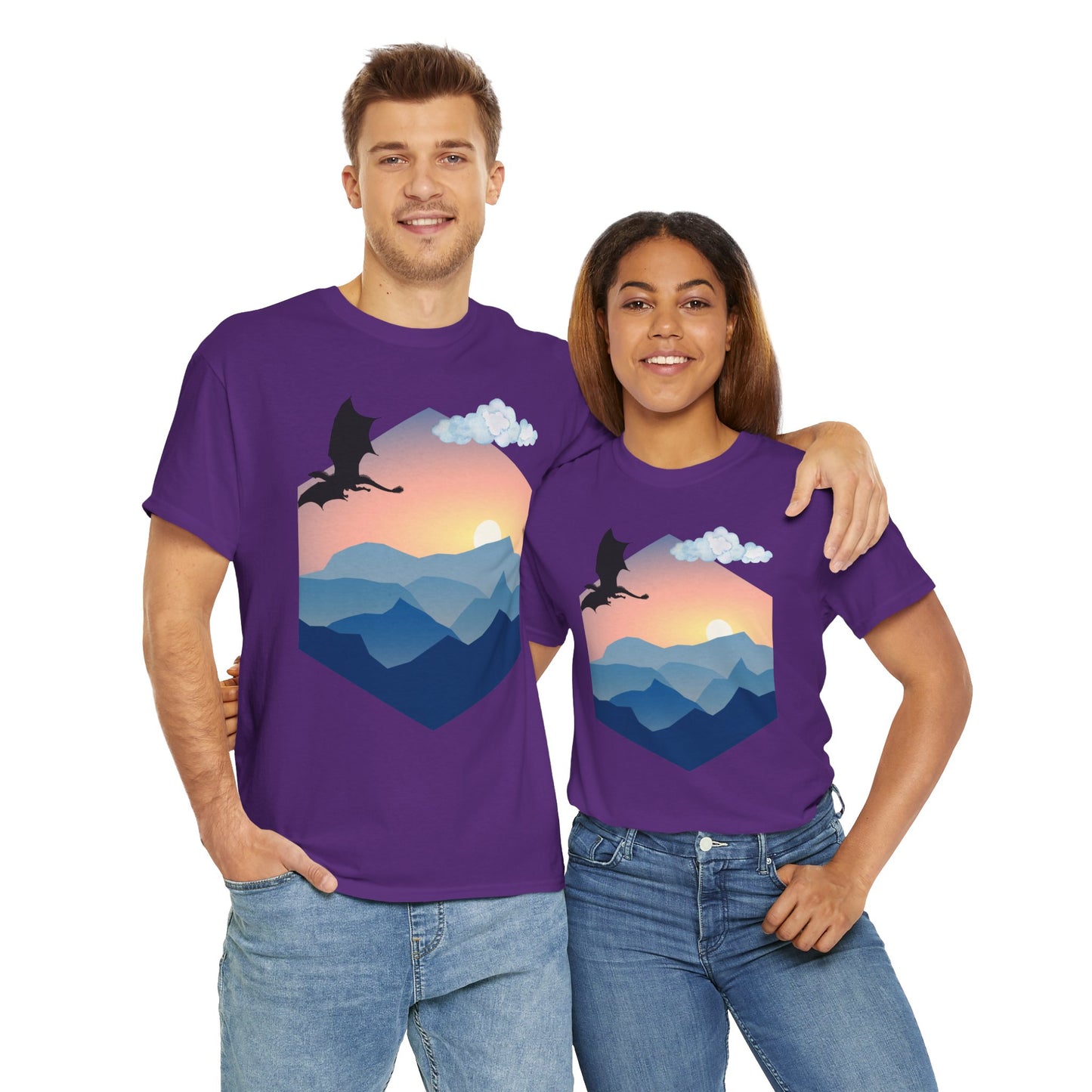 Flying Dragon Adventure Dungeons and Dragons DND Unisex Heavy Cotton Tee Shirt - Fantasy Mountain Design, RPG, TTRPG, Roleplaying, Geek, Nerd