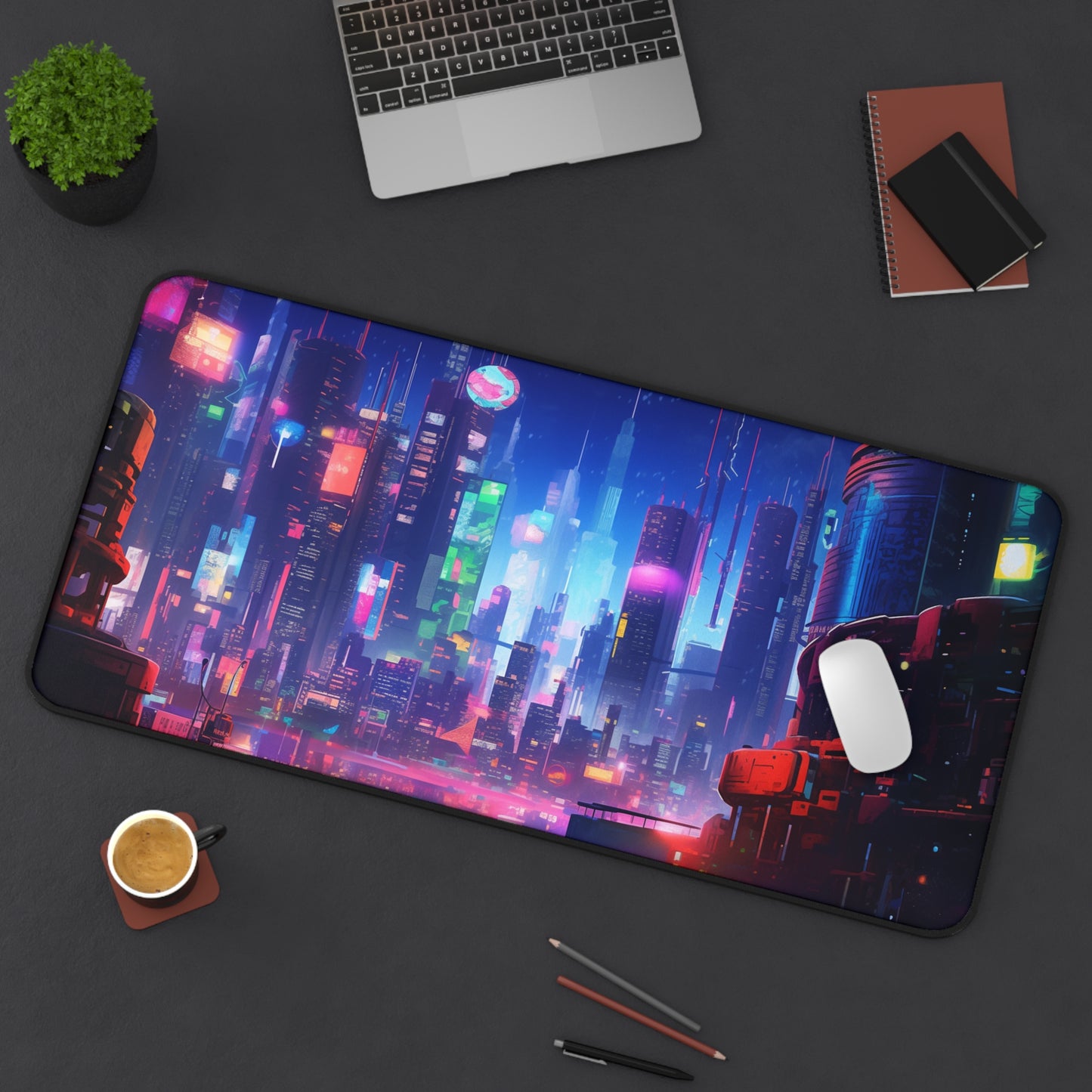 Futuristic Cityscape Cyberpunk Skyline Desk Mat - Perfect for Gamers and Professionals, Geek, Nerd, Neon Color