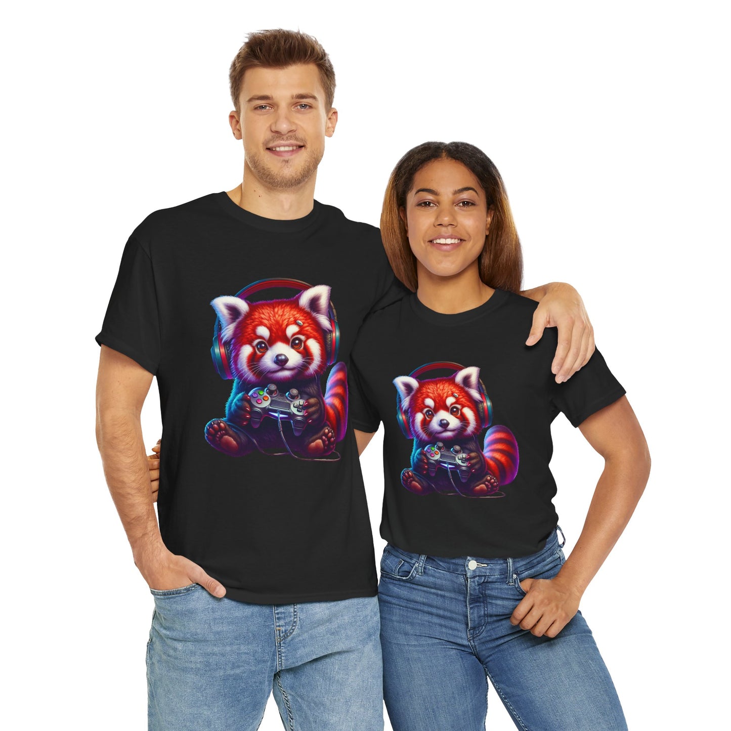 Cute Kawaii Gaming Red Panda Tee - Unisex Heavy Cotton Tee Shirt, Gamer, Anime, Headphones, Earphones, Geek, Nerd