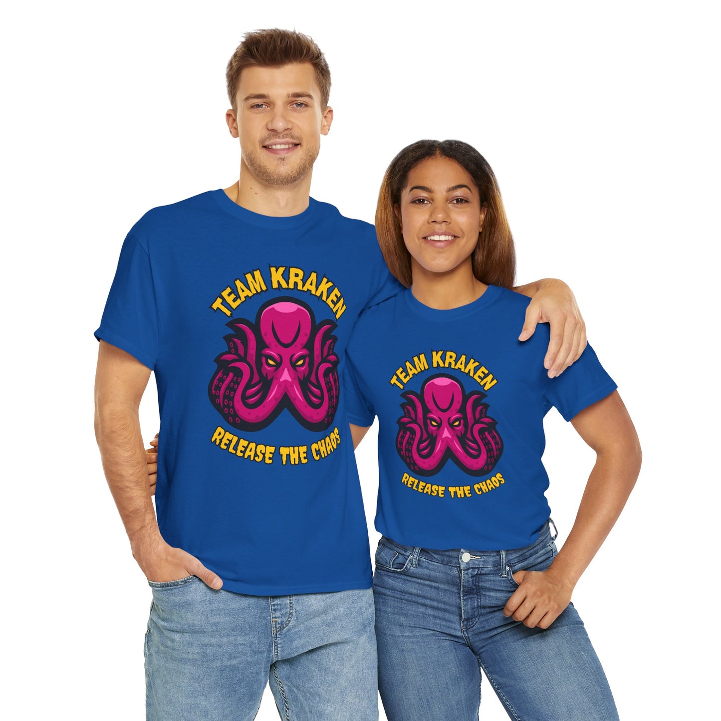 'Team Kraken Release The Chaos' Octopus Unisex Heavy Cotton Tee, Kraken Shirt, Gift for Ocean Lovers, Casual Wear for All Occasions, Mythology, Scary, Creepy, Geek, Nerd