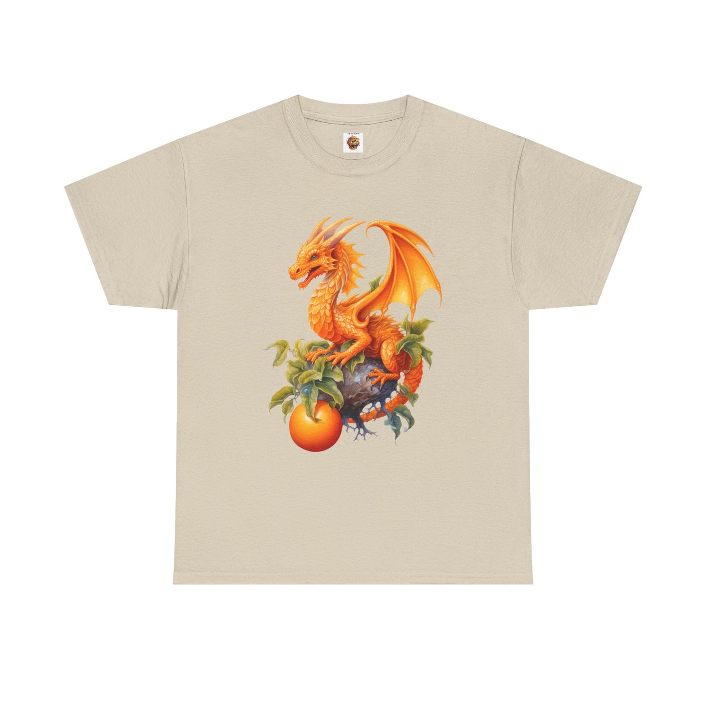 Vintage Orange Fruit Dragon Unisex Heavy Cotton Tee, Graphic T-Shirt, Gift for Dragon Lovers, Fantasy Apparel, Casual Wear, Fruit Of The Spirit, RPG, Geek, Nerd