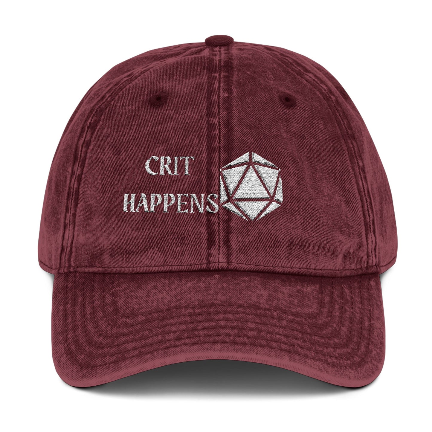 Vintage Style Cap - 'CRIT HAPPENS' D20 Embroidered Baseball Hat, DND, RPG, TTRPG, Roleplaying, Geek, Nerd