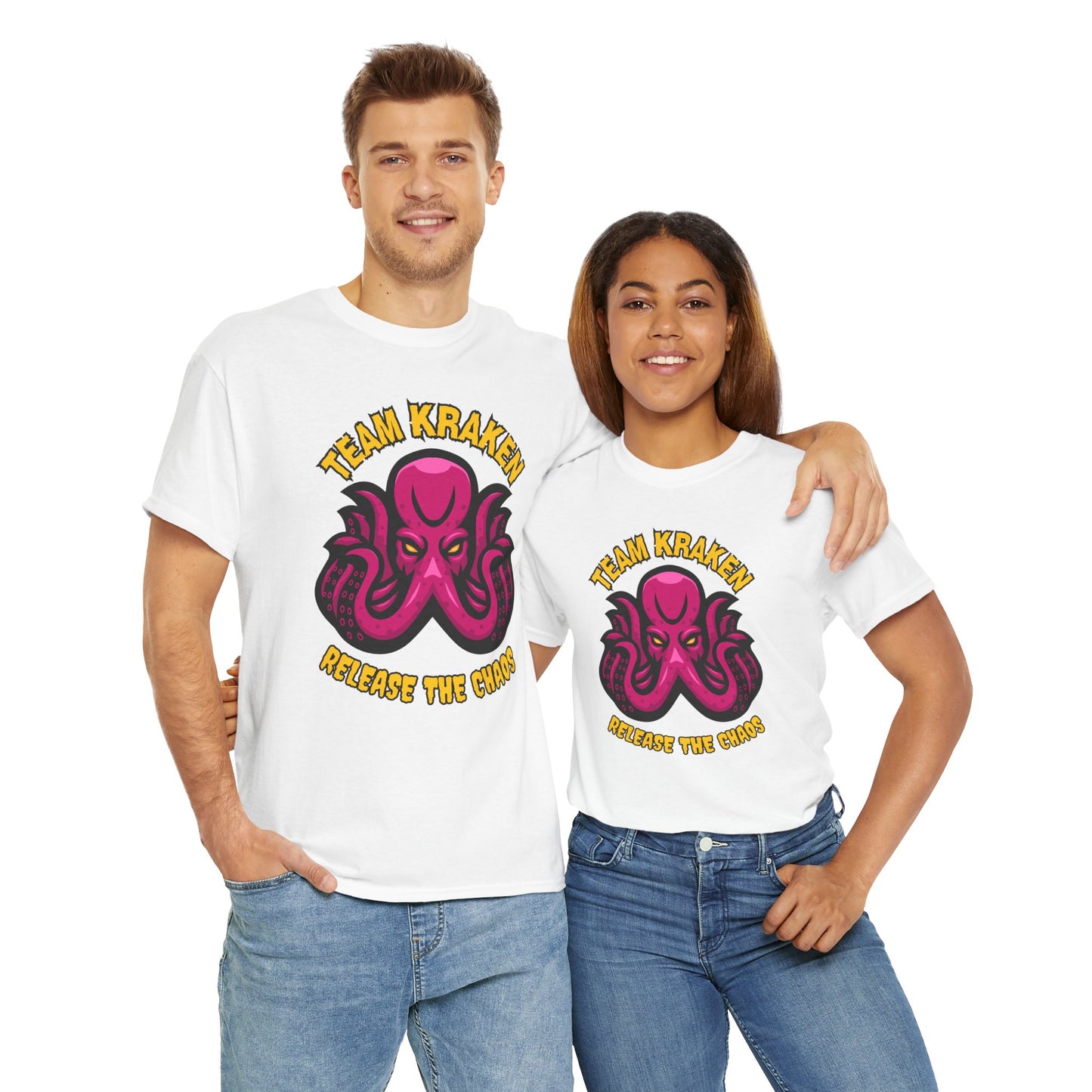 'Team Kraken Release The Chaos' Octopus Unisex Heavy Cotton Tee, Kraken Shirt, Gift for Ocean Lovers, Casual Wear for All Occasions, Mythology, Scary, Creepy, Geek, Nerd
