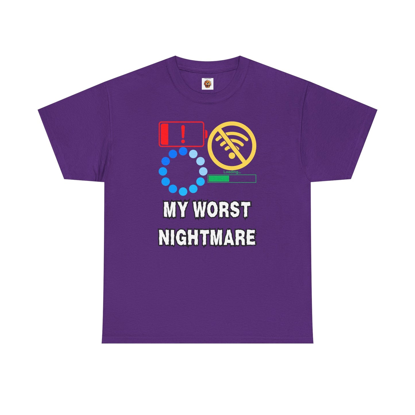 My Worst Nightmare Unisex Heavy Cotton Tee - Funny Graphic T-Shirt for Tech Lovers, Low Battery, No WiFi, Buffering, Loading, PC, Gamer, Gaming, Video Game, Geek, Nerd