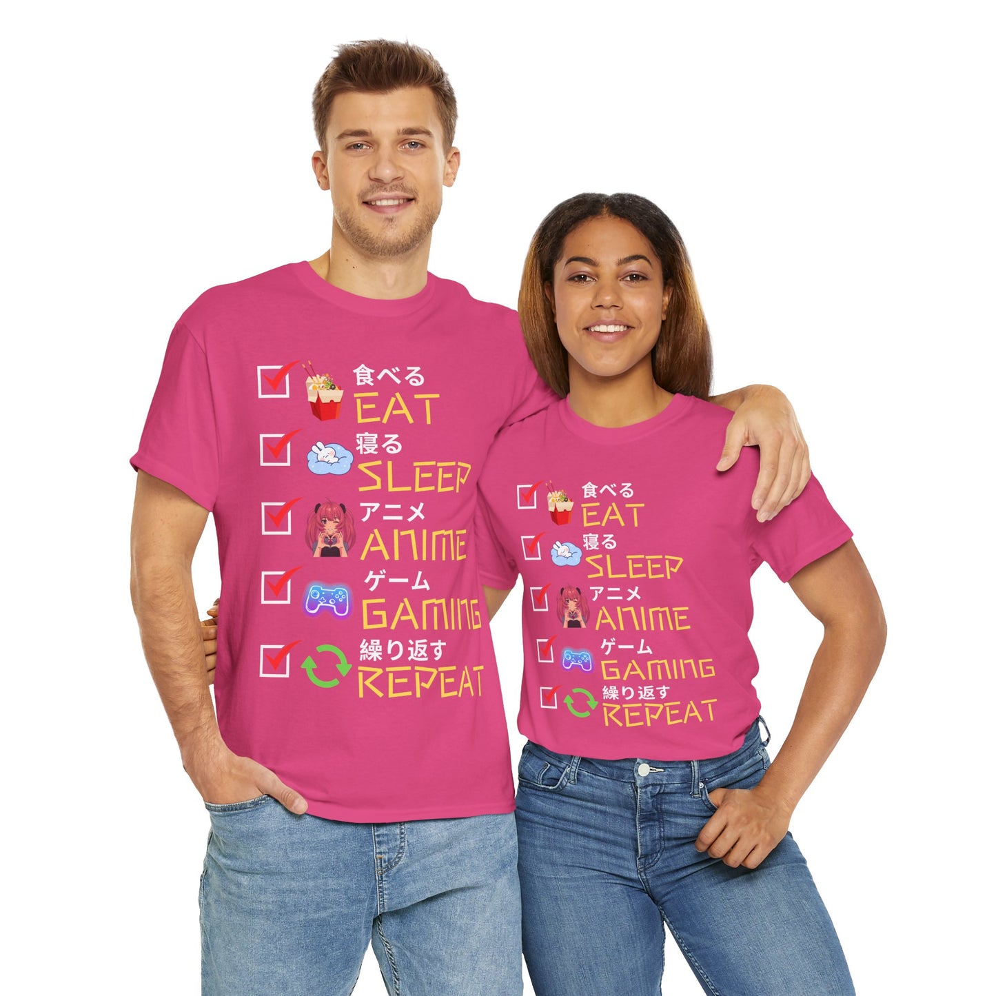 Cute Kawaii Unisex Heavy Cotton Tee Shirt T-Shirt - Eat Sleep Anime Gaming Repeat, Funny Checklist Japanese Kanji English, Geek, Nerd