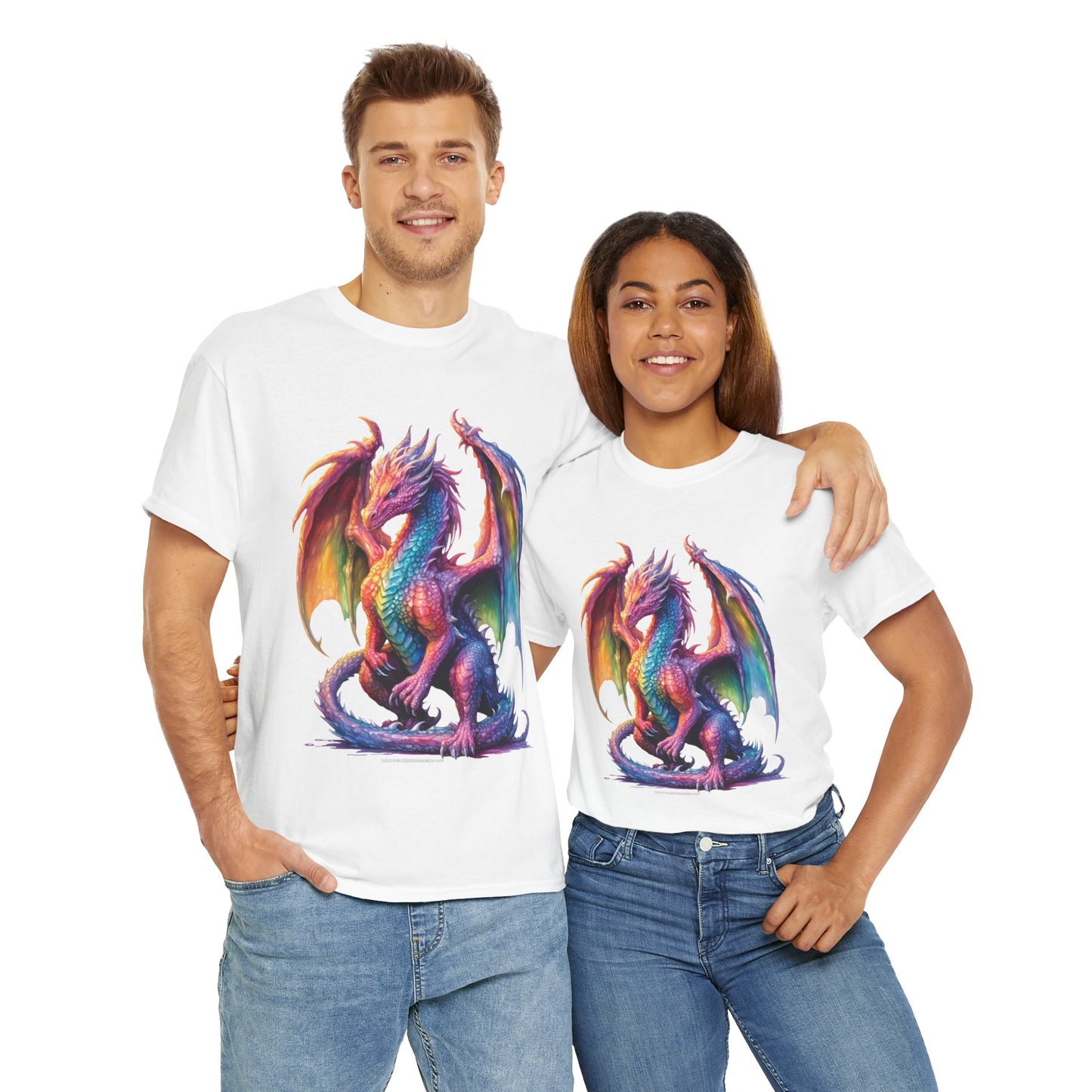 Colorful Rainbow Dragon Unisex Heavy Cotton Tee - Vibrant Fantasy T-Shirt, DND, RPG, TTRPG, Roleplaying, Geek, Nerd