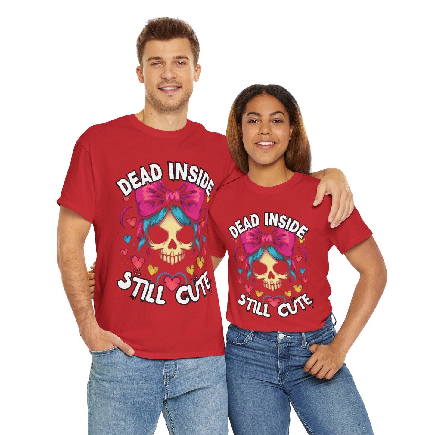 'Dead Inside Still Cute' Kawaii Skull & Heart Graphic T-Shirt, Unisex Heavy Cotton Tee, Casual Wear, Halloween Gift, Festival Fashion, Trendy Streetwear, Scary, Creepy, Gothic, Anime, Weeb, Otaku, Geek, Nerd