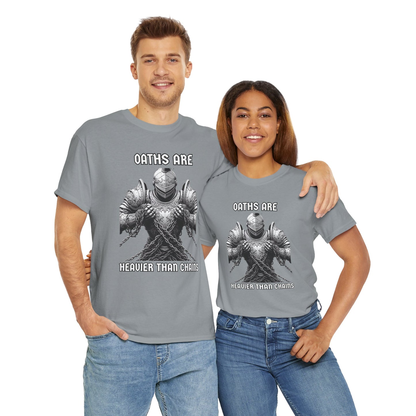 Epic Knight 'Oaths Are Heavier Than Chains' Unisex Heavy Cotton Tee | Casual Wear, Fantasy Lover T-Shirt, Gift for Gamers, Statement Shirt, DND, RPG, TTRPG, Geek, Nerd