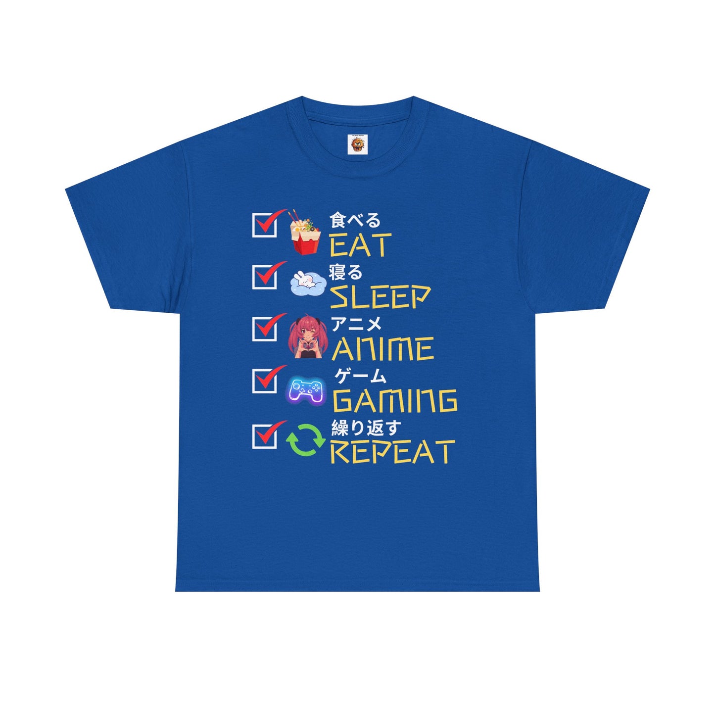 Cute Kawaii Unisex Heavy Cotton Tee Shirt T-Shirt - Eat Sleep Anime Gaming Repeat, Funny Checklist Japanese Kanji English, Geek, Nerd