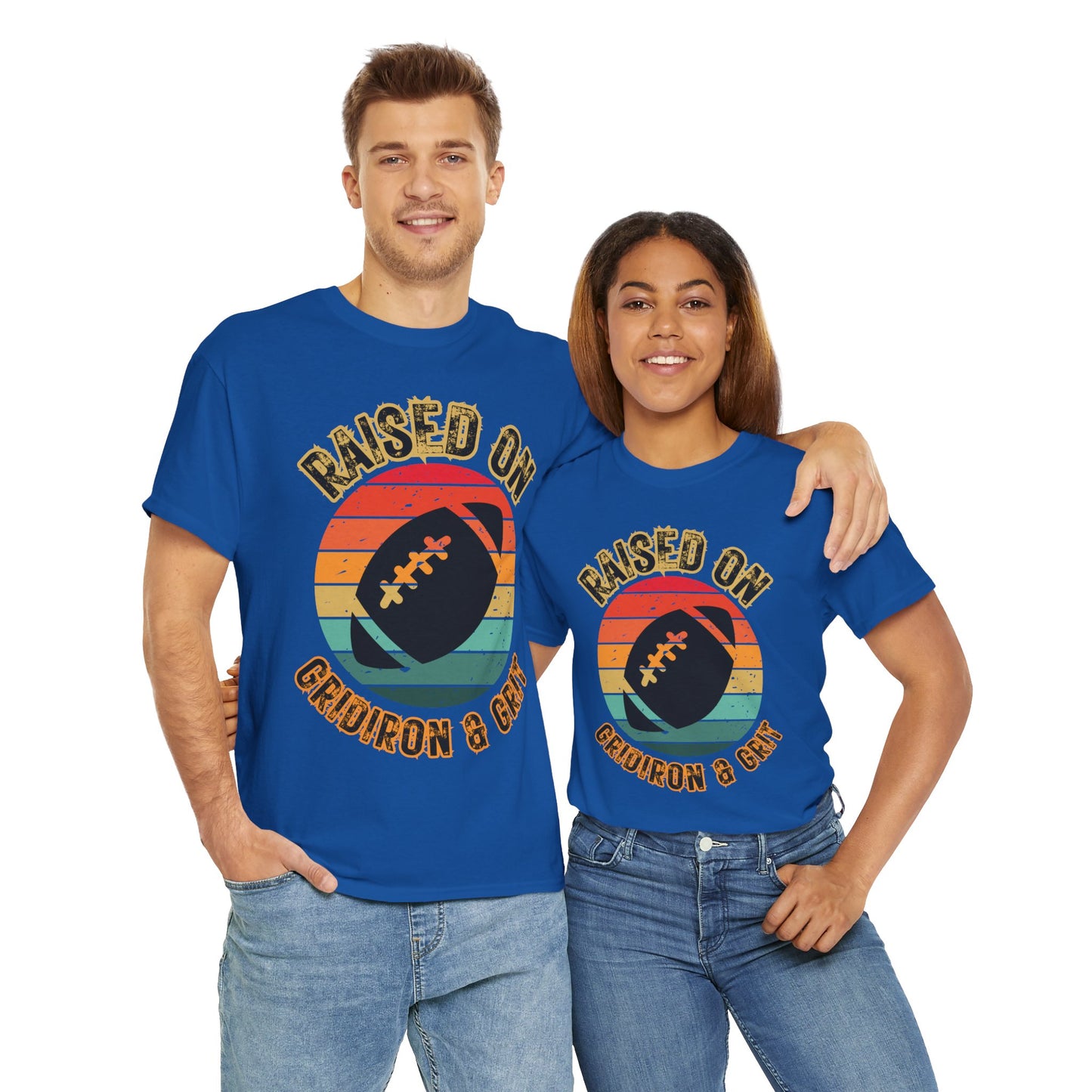 Raised On Gridiron & Grit Retro Football Inspired Unisex Heavy Cotton Tee, Sports T-Shirt, Gift for Football Fans, Trendy Casual Wear, Vintage Gridiron Style