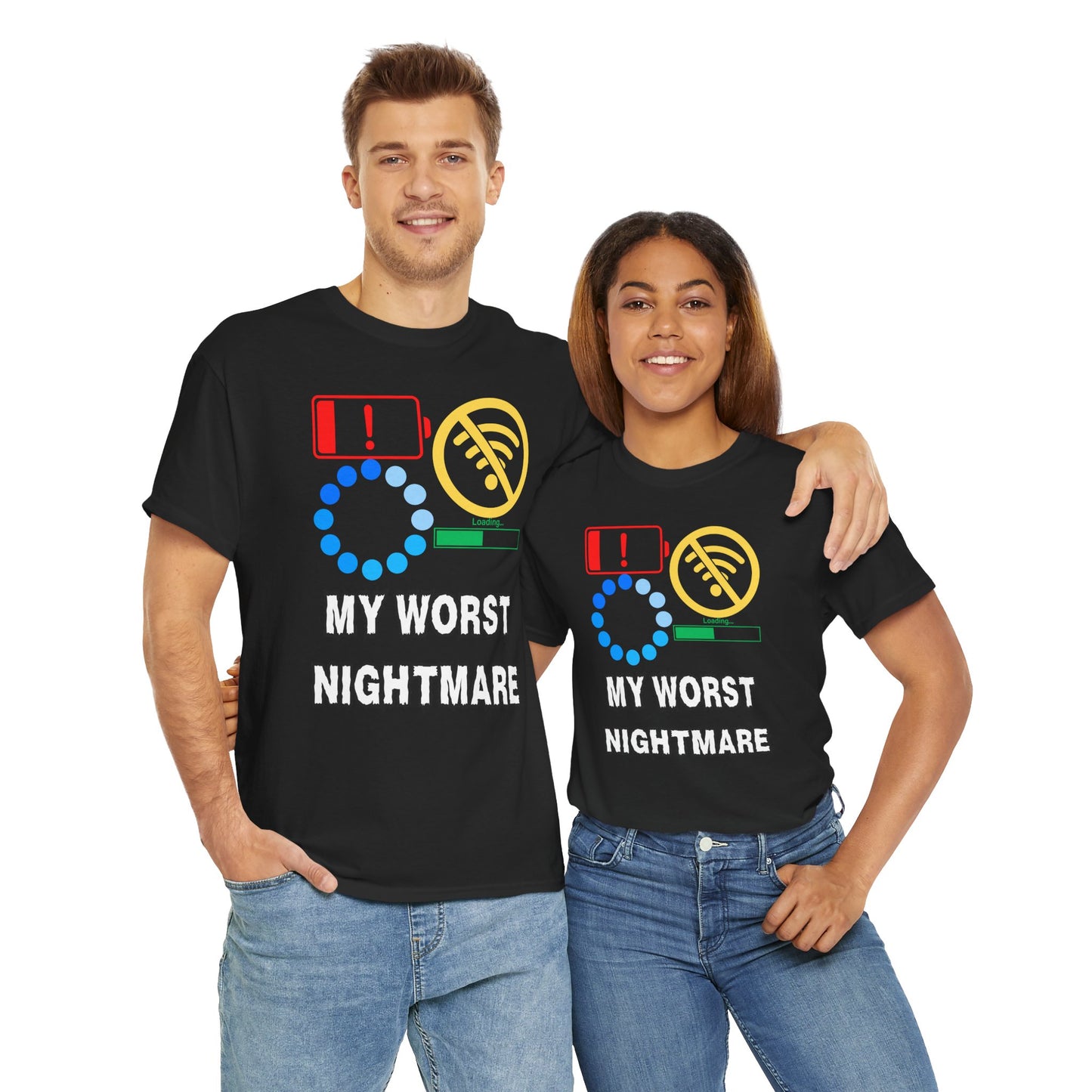 My Worst Nightmare Unisex Heavy Cotton Tee - Funny Graphic T-Shirt for Tech Lovers, Low Battery, No WiFi, Buffering, Loading, PC, Gamer, Gaming, Video Game, Geek, Nerd