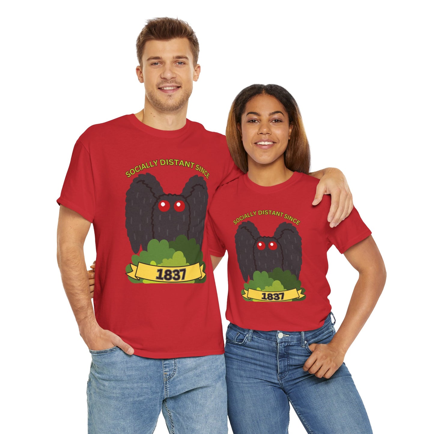 Mothman 'Socially Distant Since 1837' Unisex Tee, Funny Graphic Tee, Quirky T-Shirt, Casual Wear, Gift for Friends, Paranormal, Cryptid, Geek, Nerd, Scary, Creepy