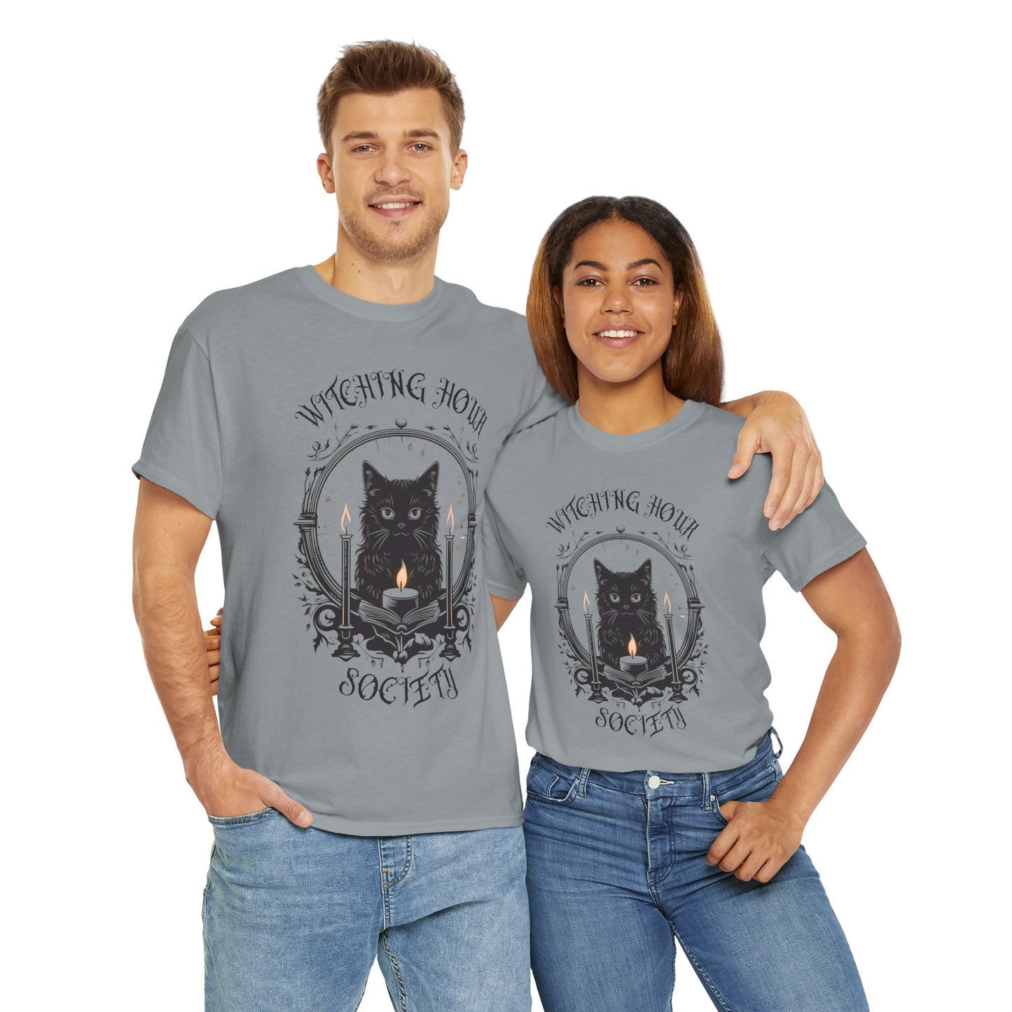 'Witching Hour Society' Cat Cat Tee Shirt- Unisex Heavy Cotton T-Shirt for Book Lovers, Reader, Gothic, Midnight, Scary, Creepy, Halloween
