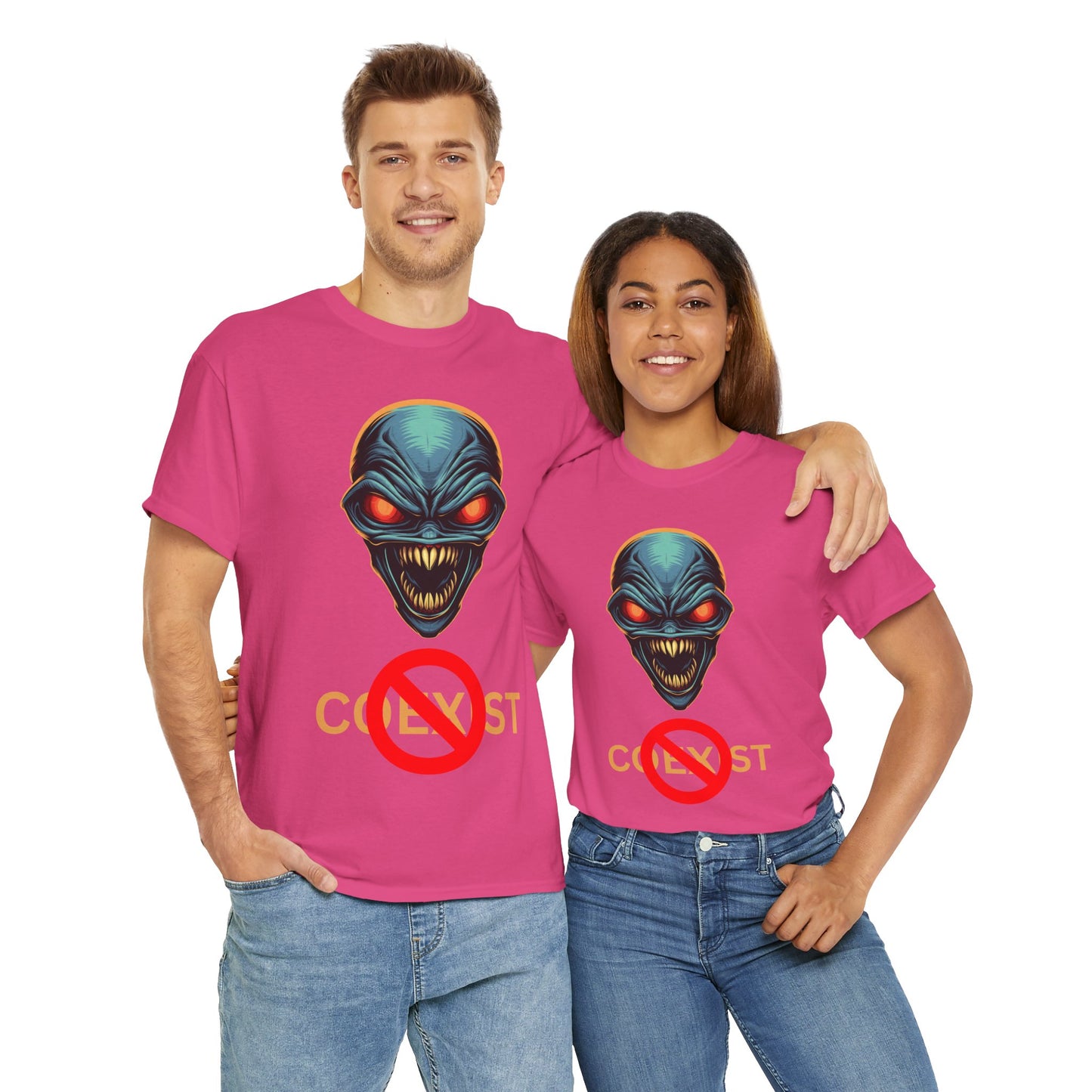 Sci-Fi Coexist No Unisex Heavy Cotton Tee - Cool Alien Head Graphic T-Shirt, Invader, Geek, Nerd