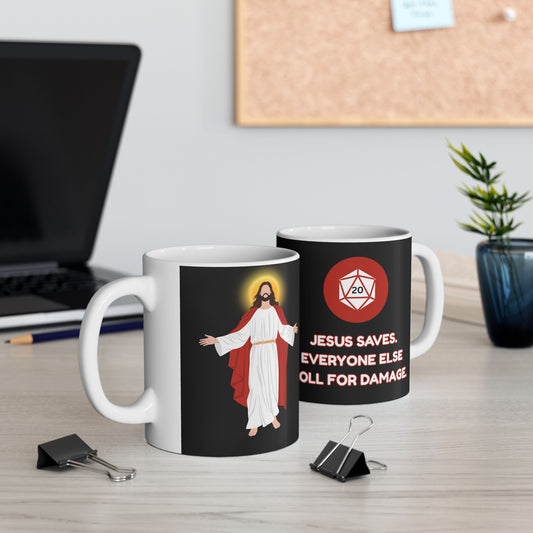 Funny Jesus Gaming Mug - Roll for Damage - Perfect Gift for Gamers, D&D, DND, RPG, TTRPG, Roleplaying, Geek, Nerd