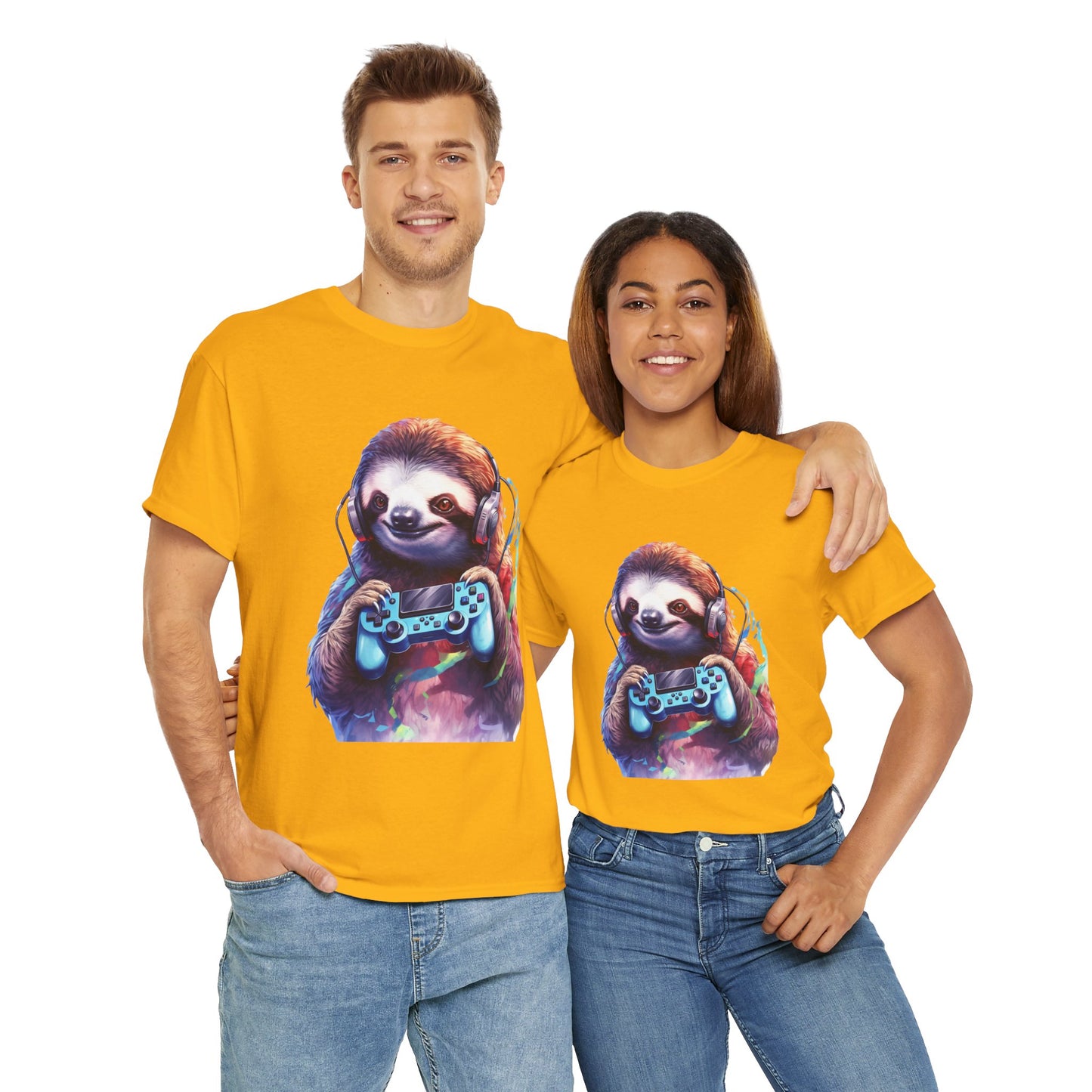 Cute Kawaii Gaming Sloth Unisex Heavy Cotton Tee - Animal Shirt, Gamer Apparel, Video Game, Anime, Weeb, Otaku, Geek, Nerd