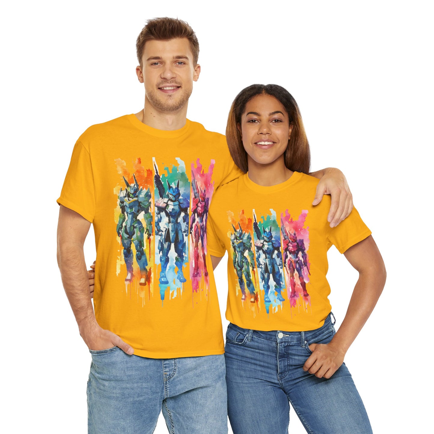 Watercolor Brushstroke Anime Mecha Art Unisex Heavy Cotton Tee Shirt - Mobile Battle Suit Armor, Geek, Nerd, Colorful