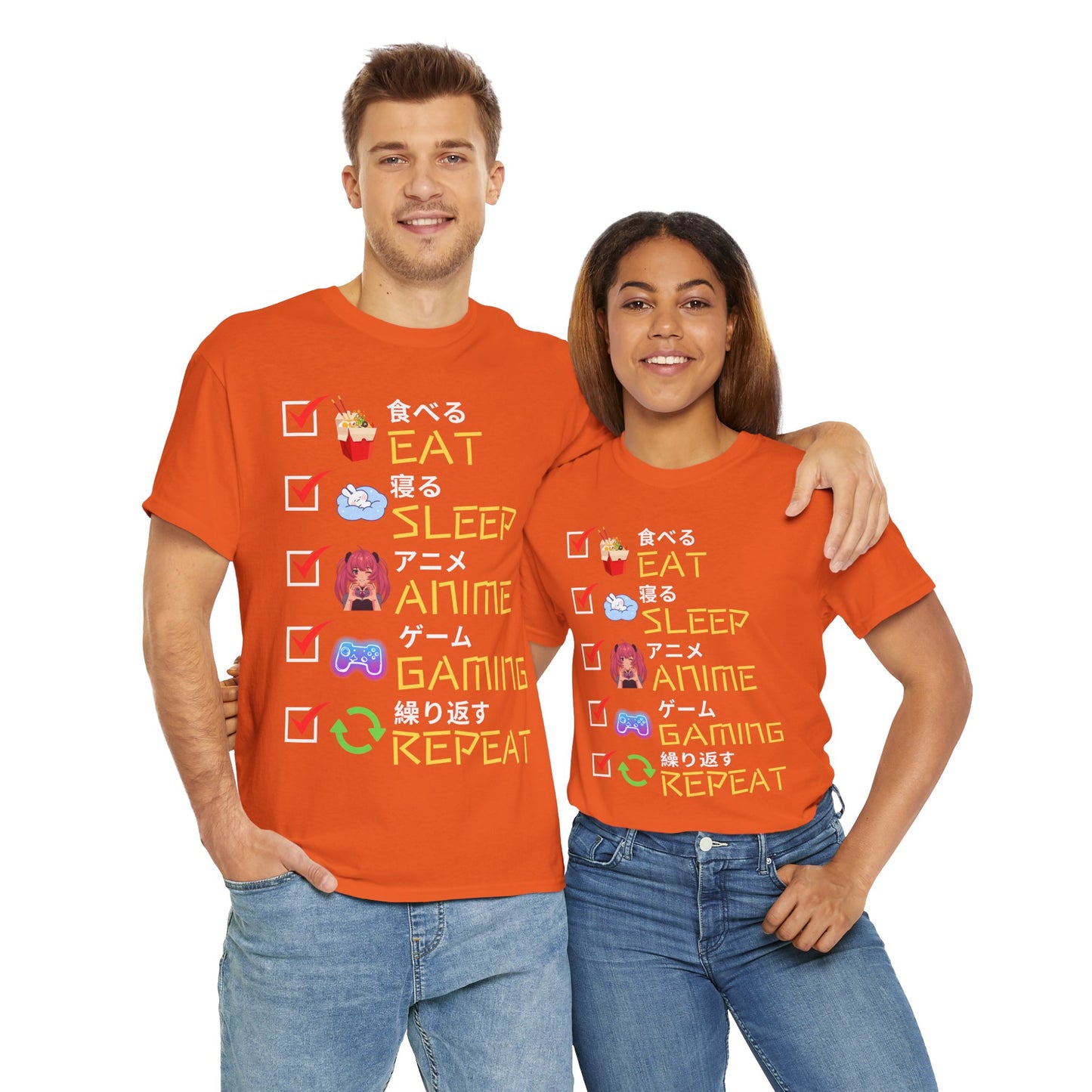 Cute Kawaii Unisex Heavy Cotton Tee Shirt T-Shirt - Eat Sleep Anime Gaming Repeat, Funny Checklist Japanese Kanji English, Geek, Nerd