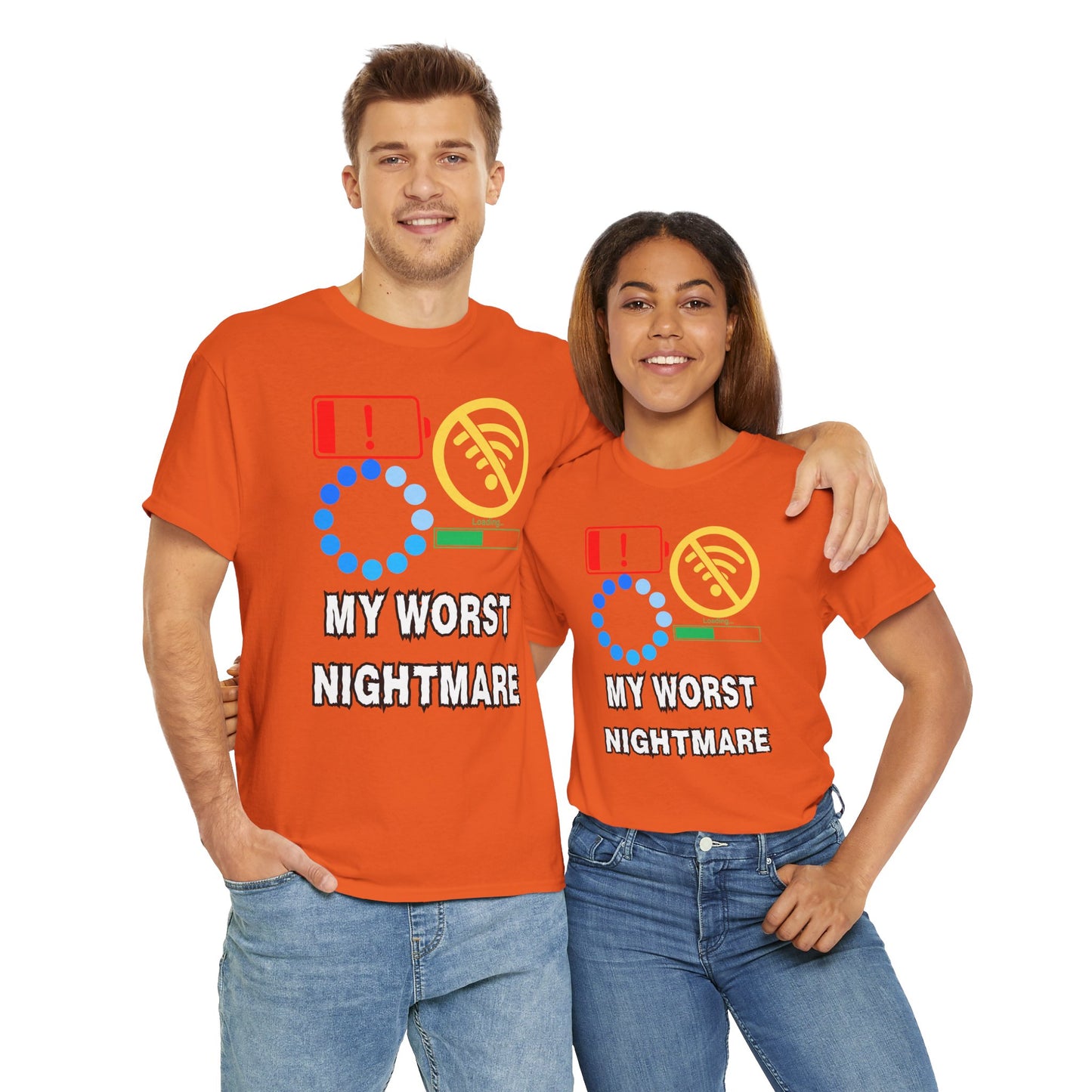 My Worst Nightmare Unisex Heavy Cotton Tee - Funny Graphic T-Shirt for Tech Lovers, Low Battery, No WiFi, Buffering, Loading, PC, Gamer, Gaming, Video Game, Geek, Nerd