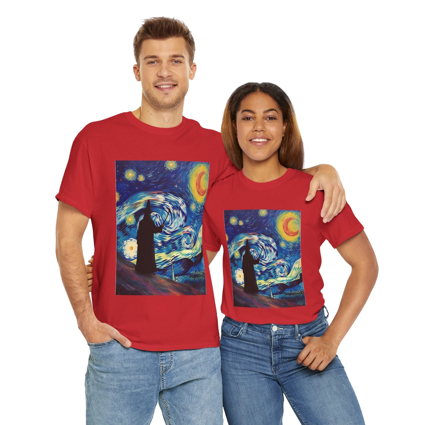 Casting Wizard Starry Night Unisex Heavy Cotton Tee - Artistic Graphic T-Shirt, D&D, DND, Fantasy, Magic, RPG, TTRPG, Geek, Nerd