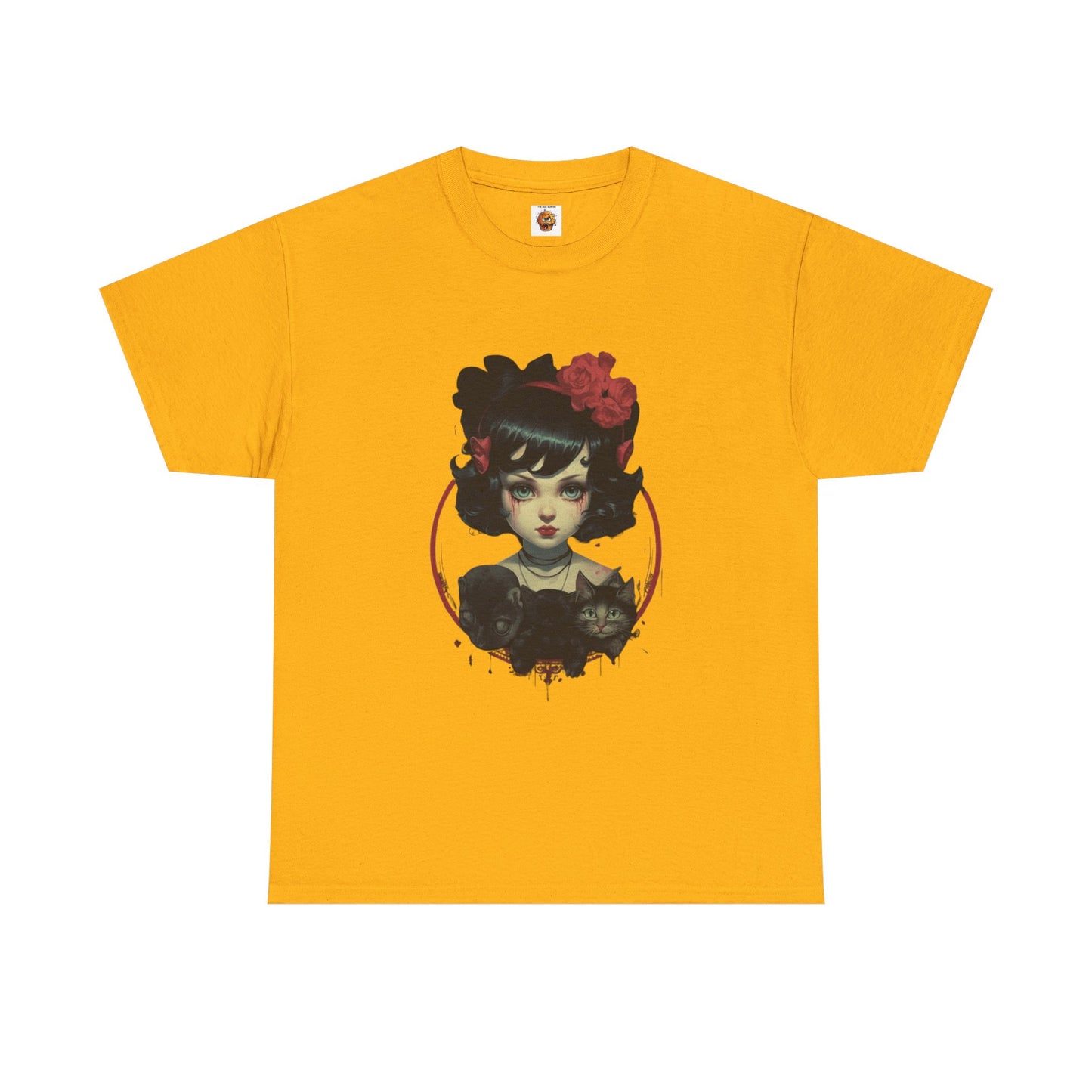 Coquette Gothic Girl With Cat Pets Unisex Heavy Cotton Tee Shirt T-Shirt - Artistic Floral Design, Horror, Scary, Disturbing, Halloween, Geek, Nerd