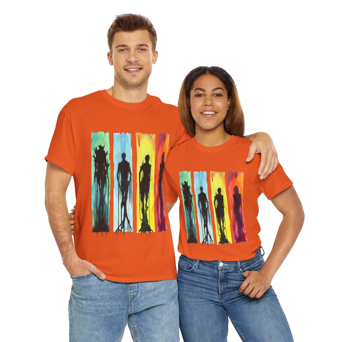 Watercolor Brushstroke Horror Monsters Unisex Heavy Cotton Tee Shirt - Zombie, Scary, Halloween, T-Shirt, Colorful, Geek, Nerd