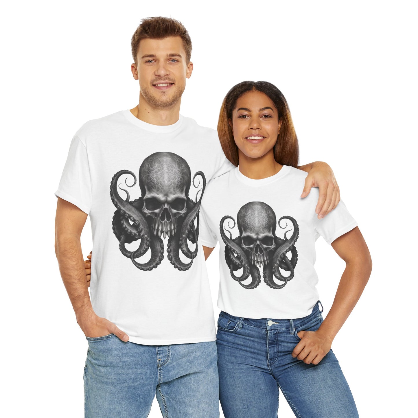 Skull & Octopus Graphic Tee | Edgy Unisex Heavy Cotton T-Shirt, Alternative Fashion, Halloween Gift, Casual Wear, Trendy Apparel, Kraken, Cthulhu, Monster
