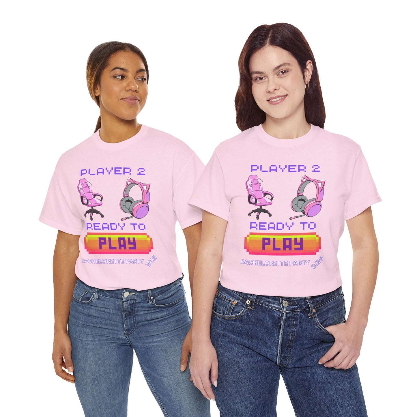 Gamer Girl Bachelorette Party 2025 Tee - 'Player 2 Ready to Play' Unisex Heavy Cotton T-Shirt, Video Game, Gaming, Console, PC, Tech, Geek, Squad, Nerd