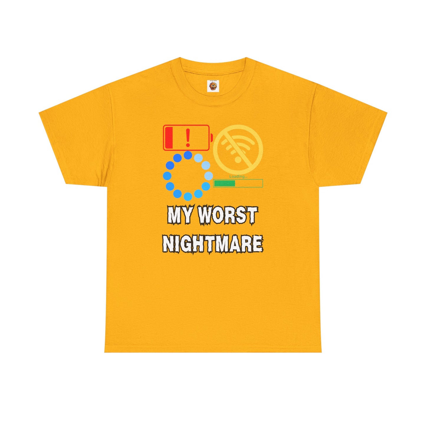 My Worst Nightmare Unisex Heavy Cotton Tee - Funny Graphic T-Shirt for Tech Lovers, Low Battery, No WiFi, Buffering, Loading, PC, Gamer, Gaming, Video Game, Geek, Nerd