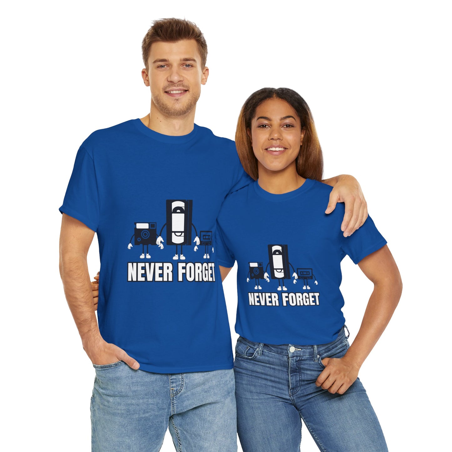 Retro Tech Unisex Heavy Cotton Tee Shirt- "Never Forget" Graphic T-Shirt, Floppy Disk, VHS Tape, Audio Cassette, Science, Geek, Nerd