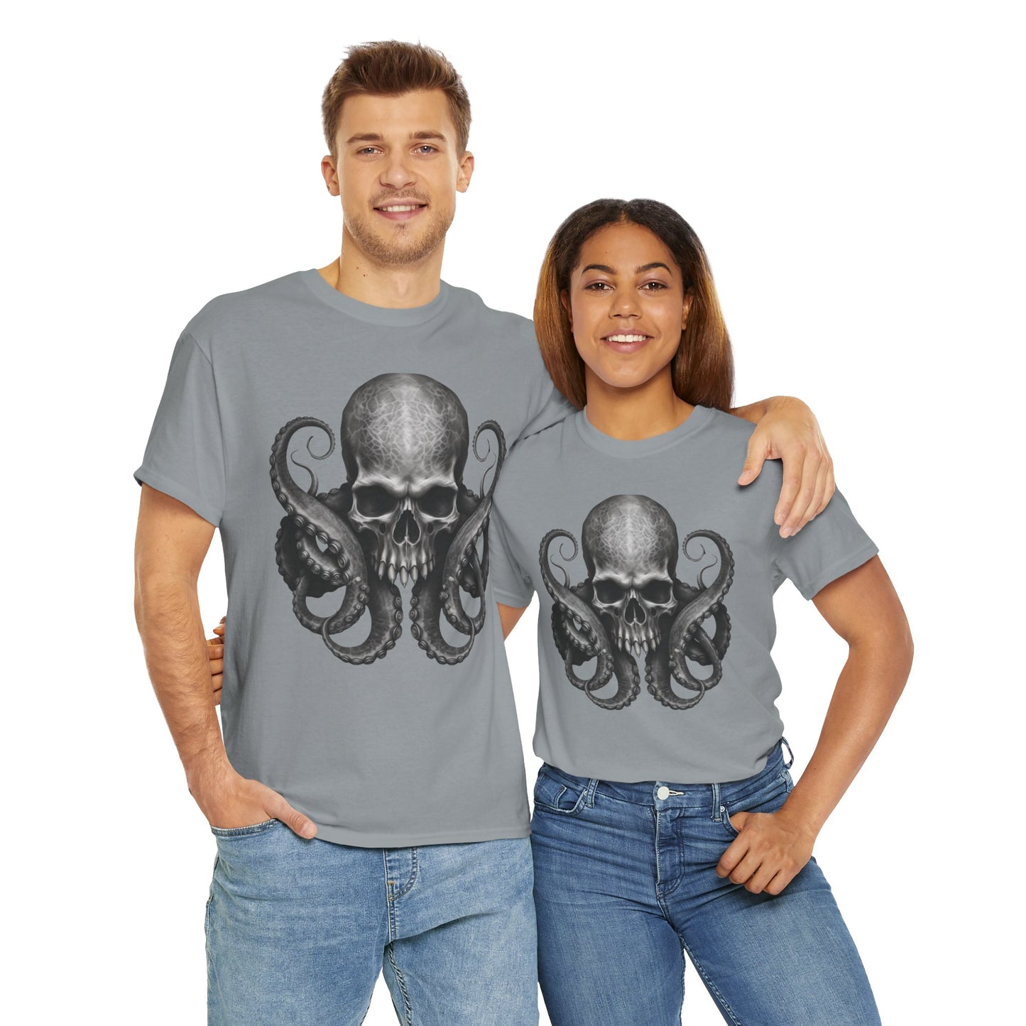 Skull & Octopus Graphic Tee | Edgy Unisex Heavy Cotton T-Shirt, Alternative Fashion, Halloween Gift, Casual Wear, Trendy Apparel, Kraken, Cthulhu, Monster