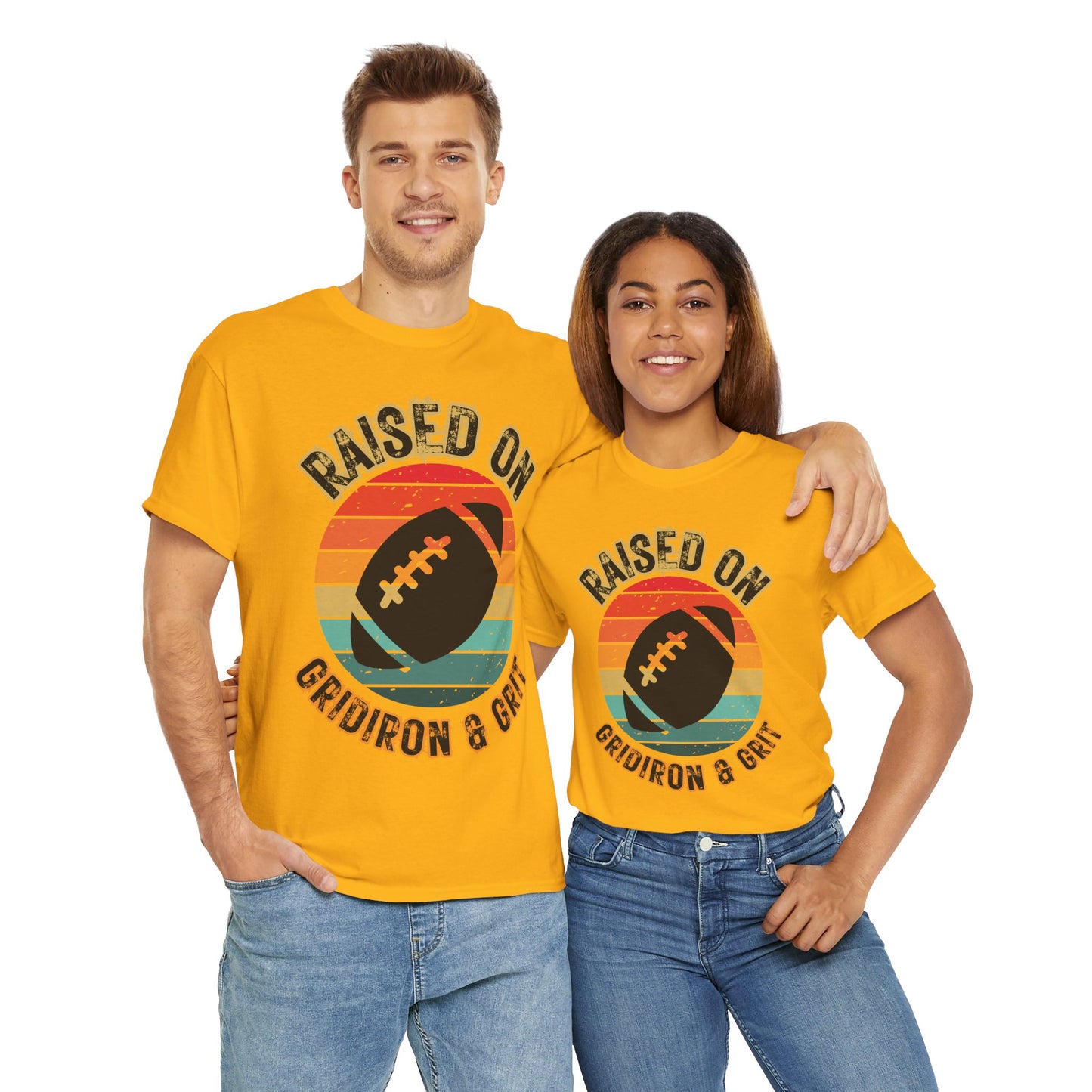 Raised On Gridiron & Grit Retro Football Inspired Unisex Heavy Cotton Tee, Sports T-Shirt, Gift for Football Fans, Trendy Casual Wear, Vintage Gridiron Style