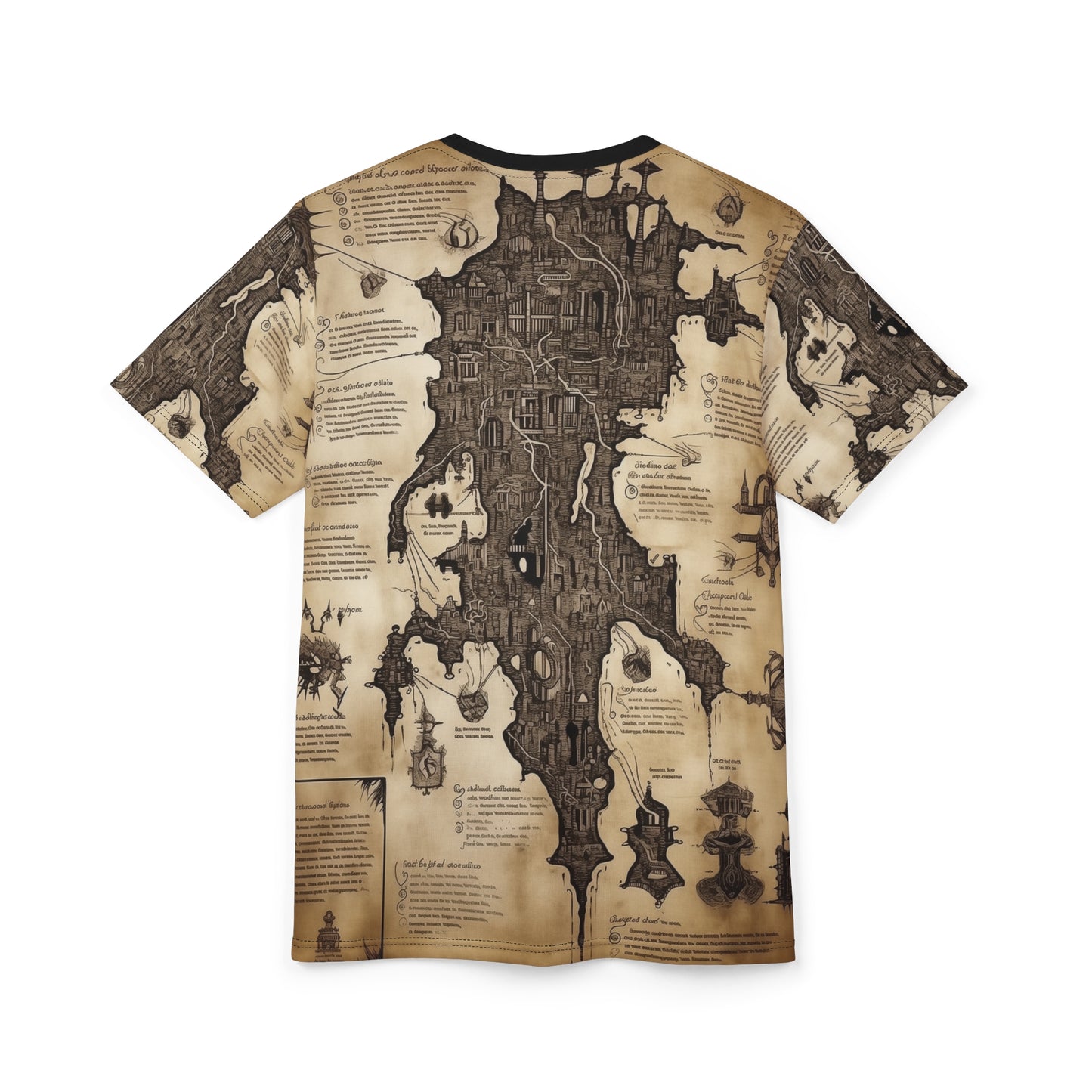 Dungeon Map Blueprint Tee Shirt: Ancient Parchment, Unisex AOP, Corridors, Traps, Monsters, Secret Doors, DND, RPG, TTRPG