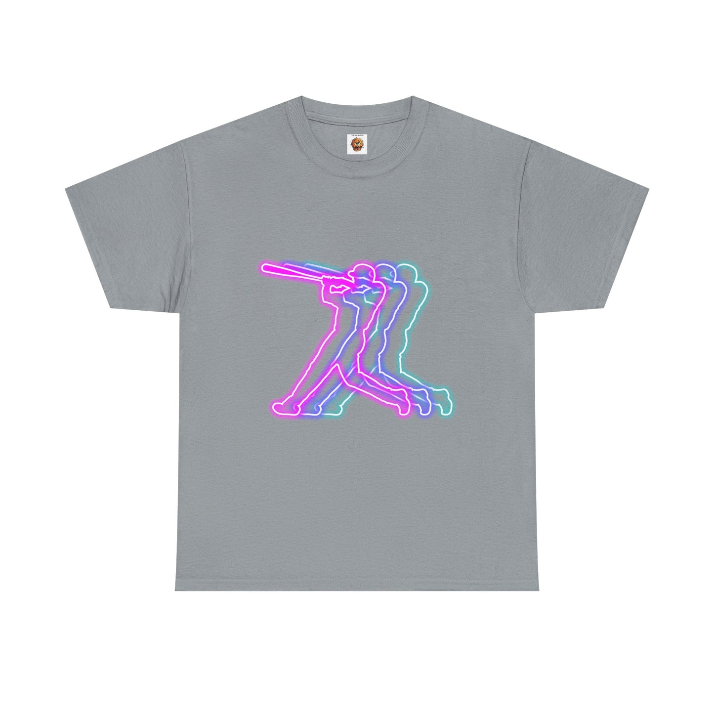 Neon Baseball Player Action Graphic Tee | Unisex Heavy Cotton Shirt, Retro Sports T-Shirt, Casual Wear, Street Style, Gift for Athletes, American, Batter Up