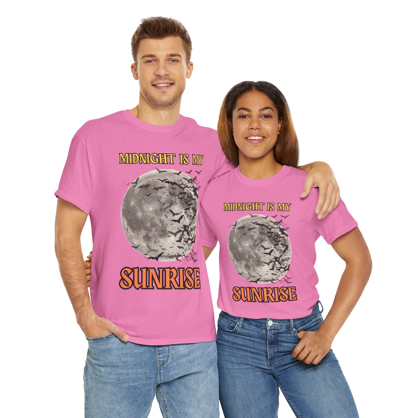 'Midnight is My Sunrise' Unisex Heavy Cotton Tee Shirt - Graphic Tee for Night Owls, Scary, Creepy, Halloween, Gothic, Full Moon, Bats
