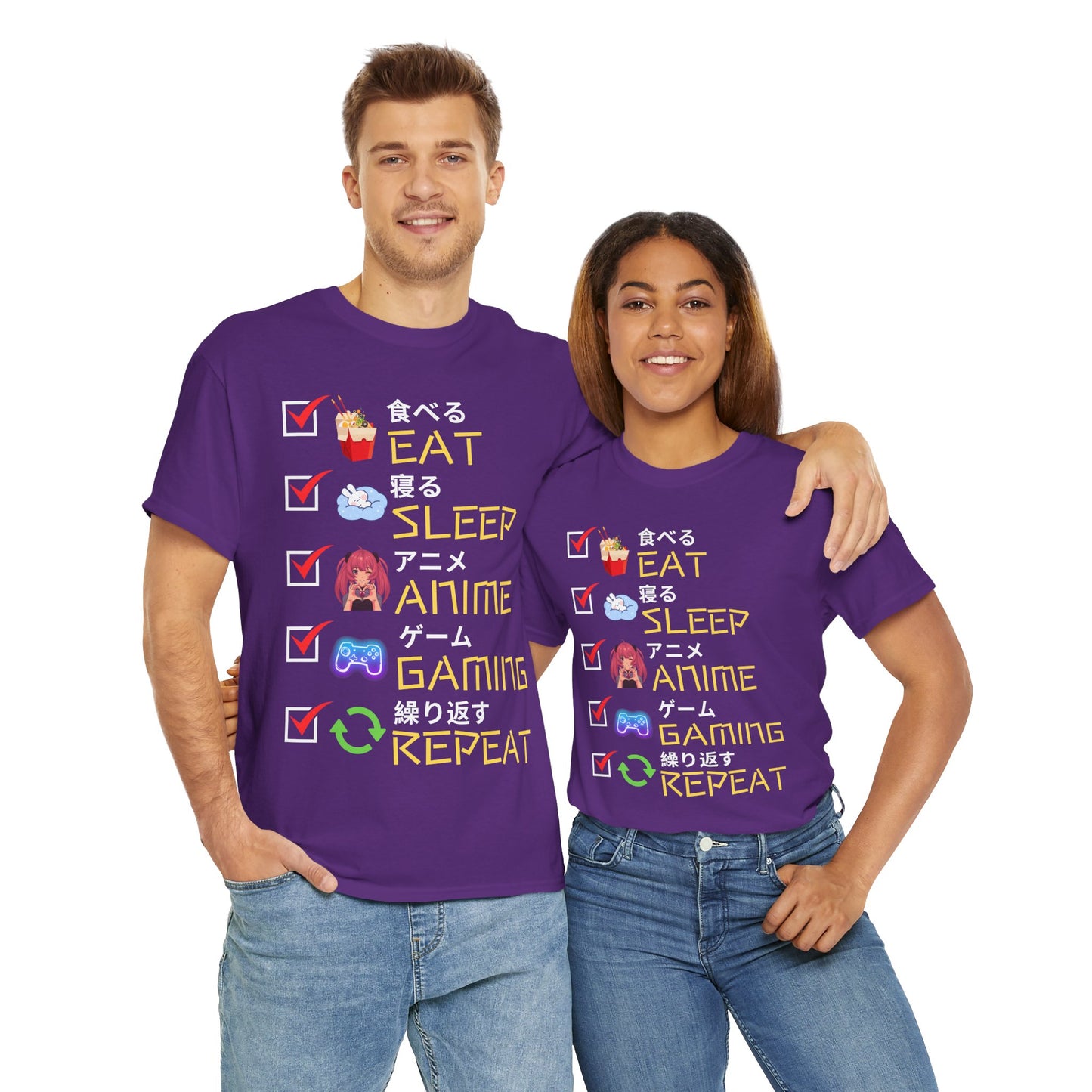 Cute Kawaii Unisex Heavy Cotton Tee Shirt T-Shirt - Eat Sleep Anime Gaming Repeat, Funny Checklist Japanese Kanji English, Geek, Nerd