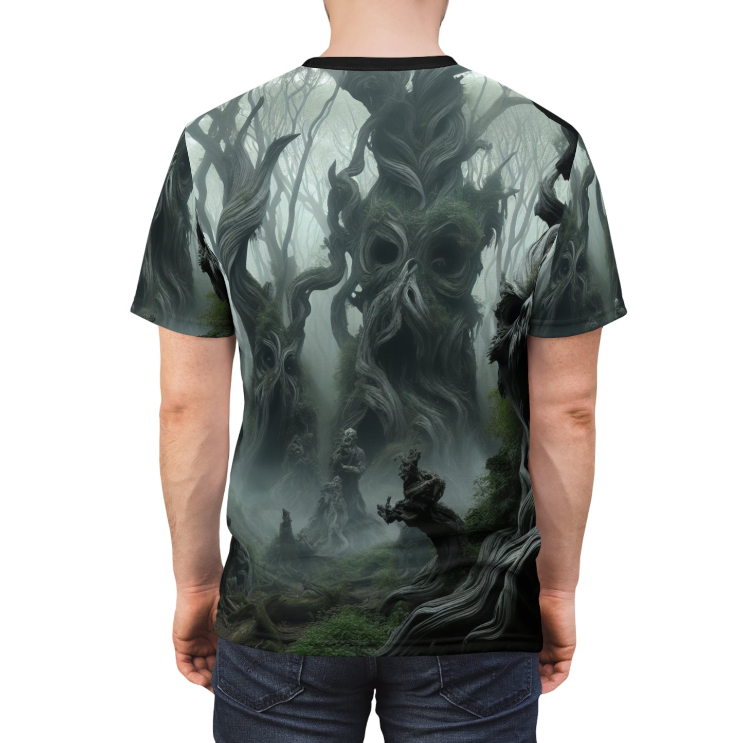 Mystical Living Forest AOP Unisex Tee - Enchanted Faces In The Trees Design, Horror, Scary, Creepy, Halloween, Haunted, Eerie